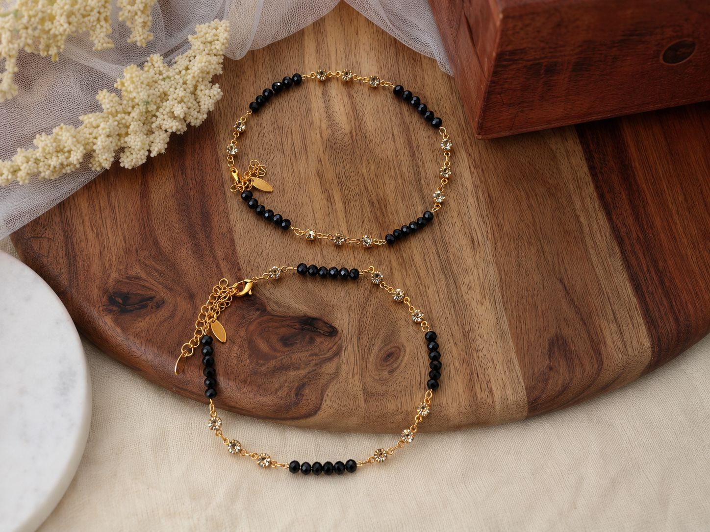 Black Beaded White Stone Anklet