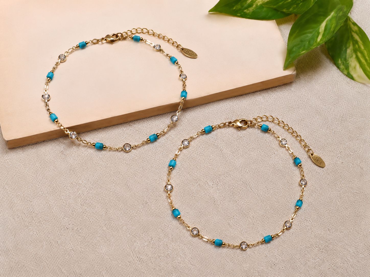 Blue Beaded White Stone Anklet