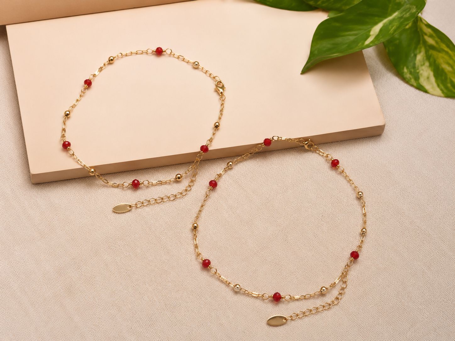 Red Beaded Gold-Tone Anklet