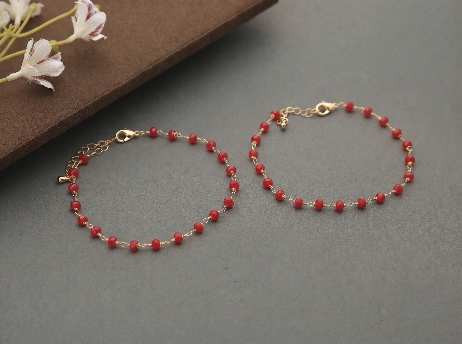 Red Beaded Minimal Gold-Tone Anklet