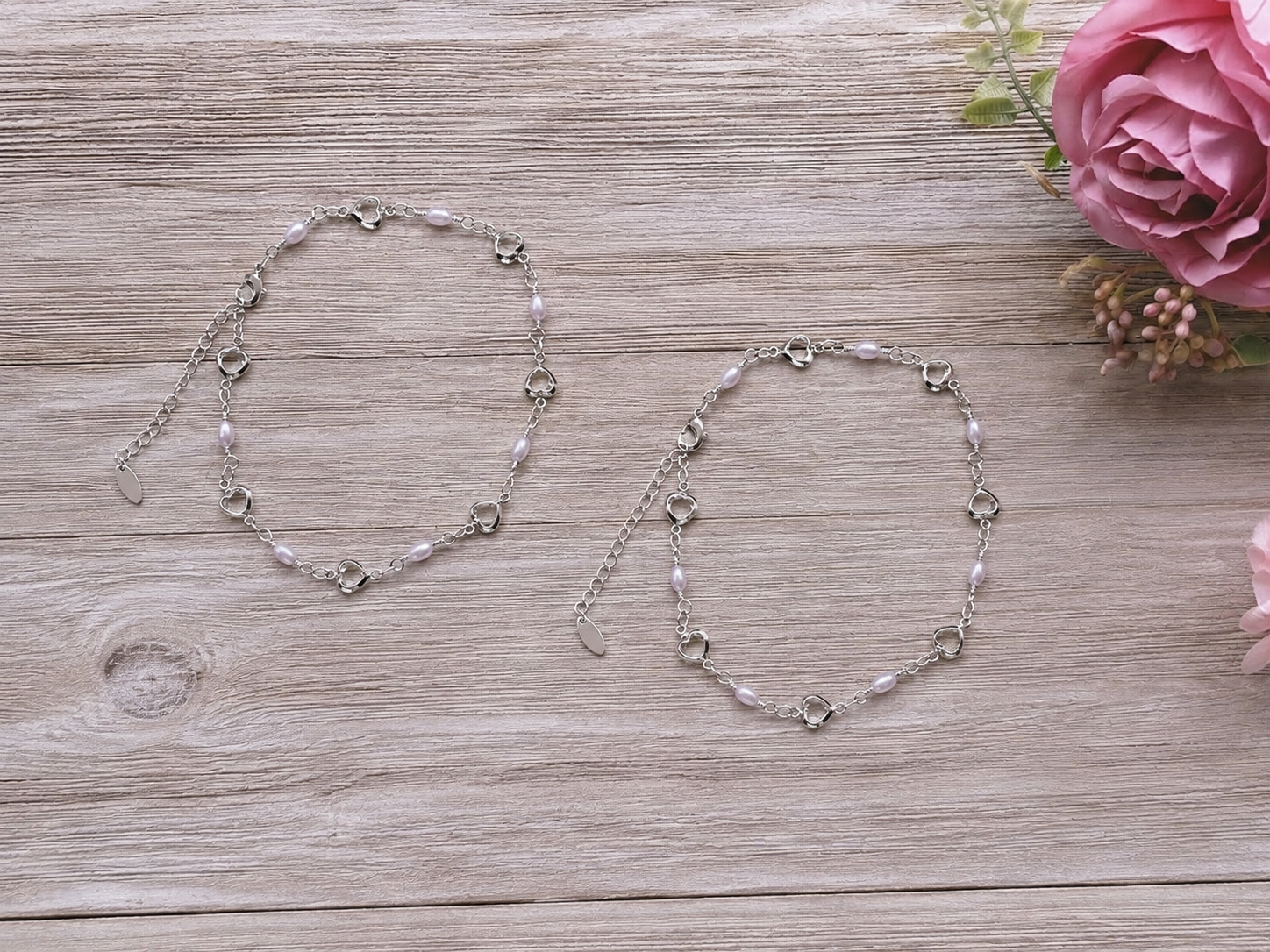 Silver Heart Charm Pearl Anklet