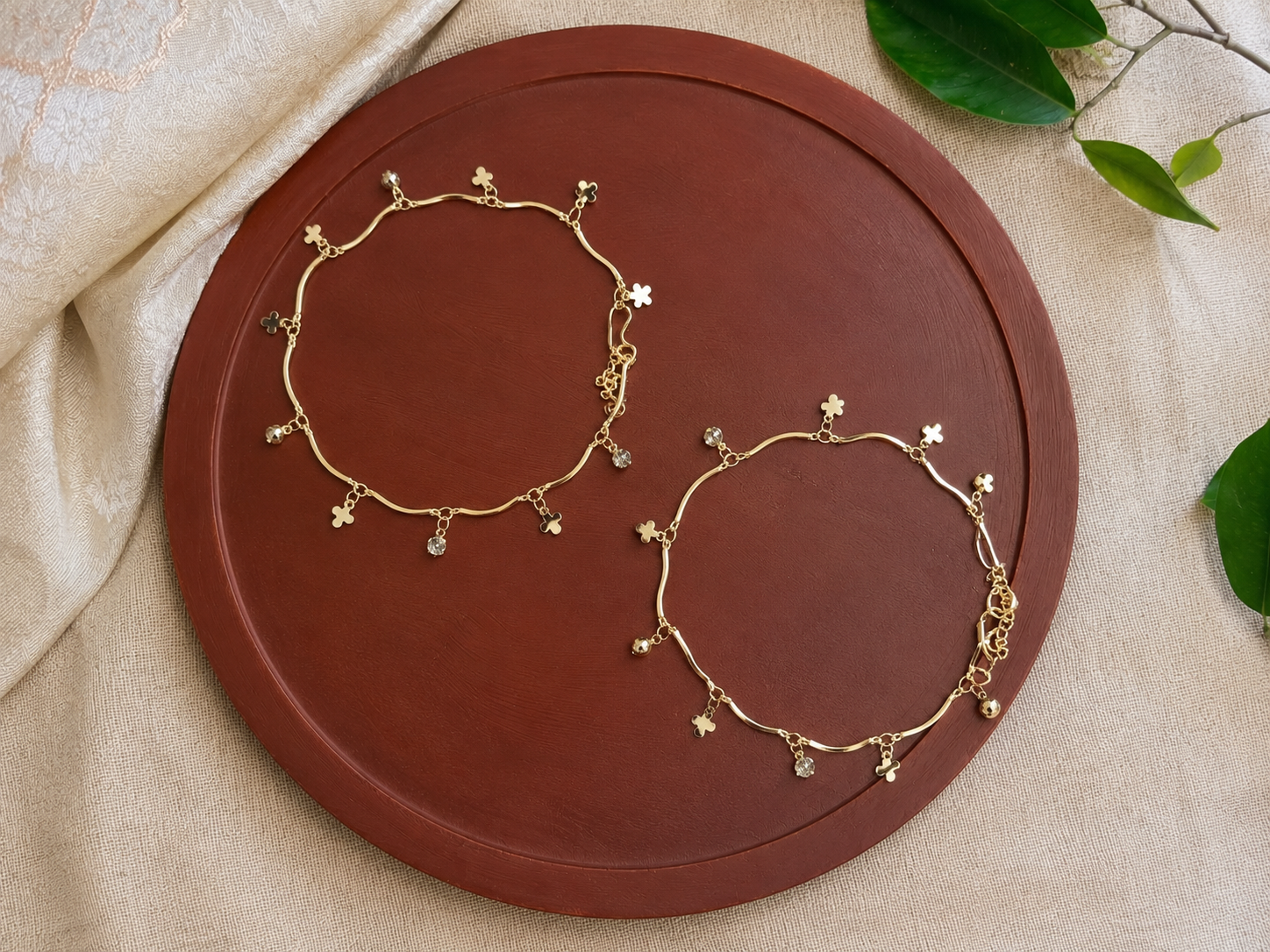 Gold-Tone Clover Charm White Stone Anklet