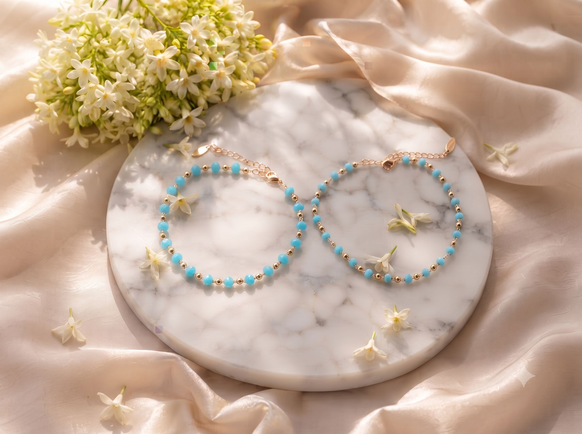 Turquoise Blue Beaded Gold-Tone Anklet