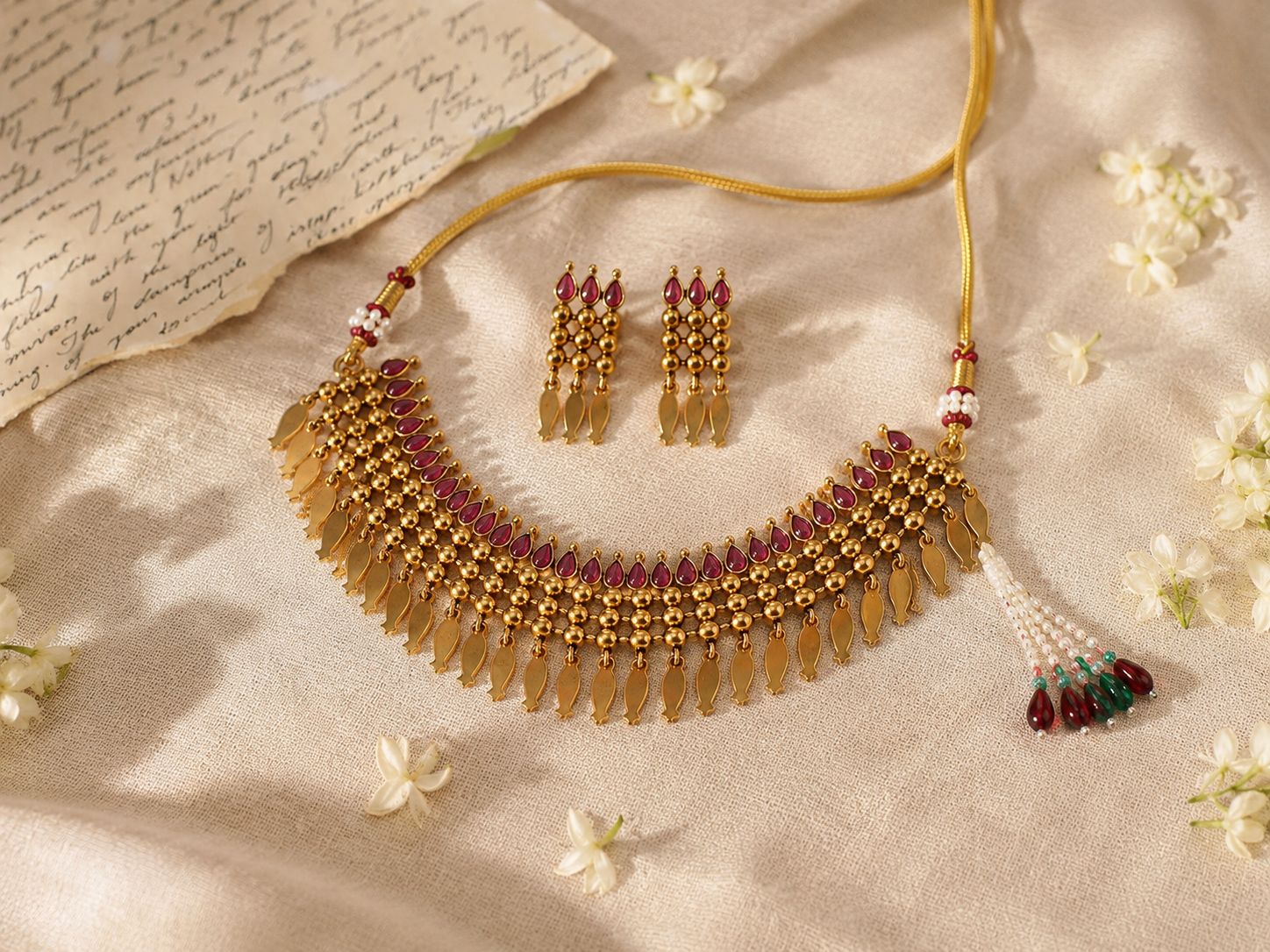 Antique Gold Elakkathali Ruby Choker Set