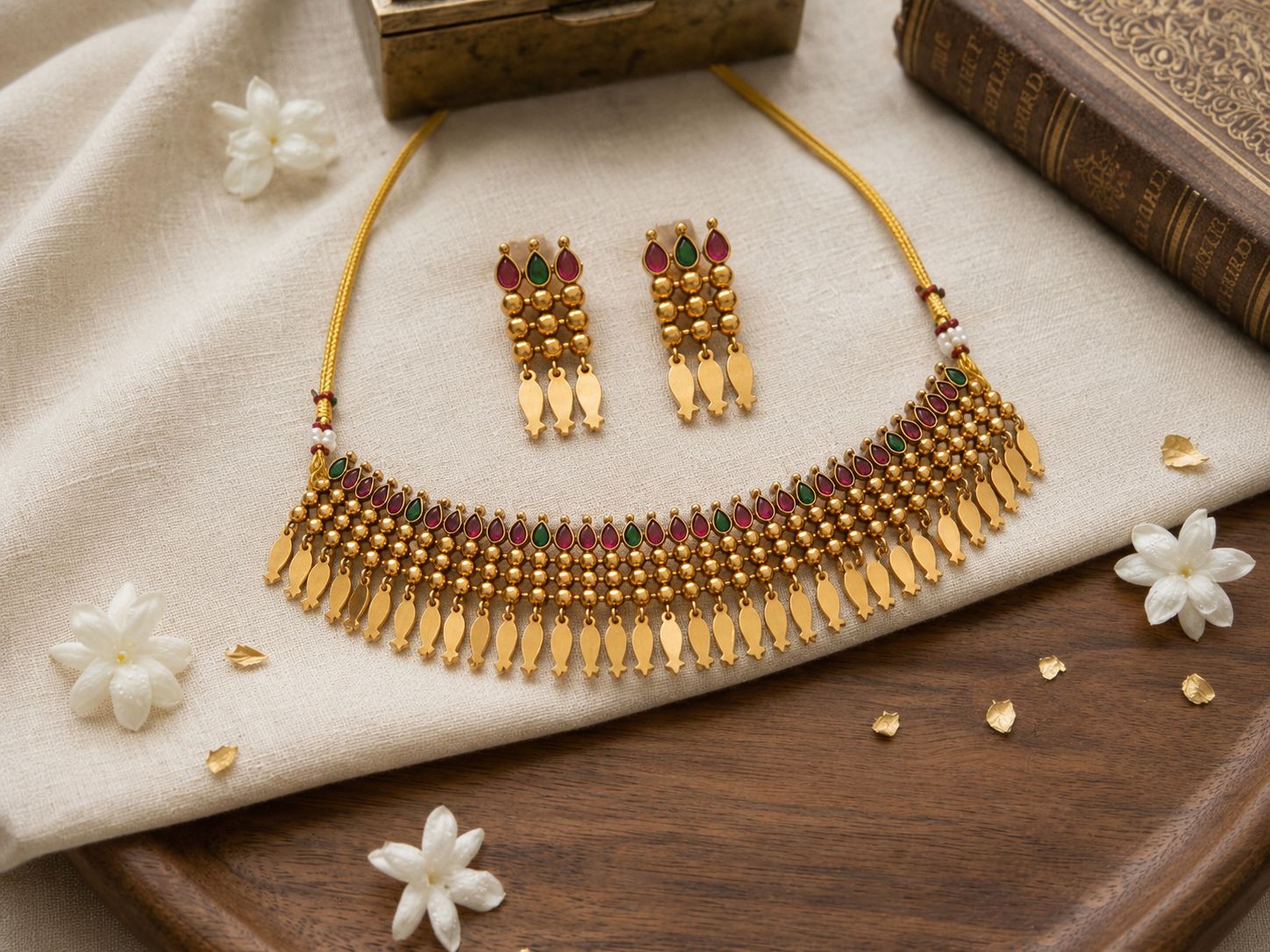 Regal Gold Ruby & Green Elakkathali Choker Set