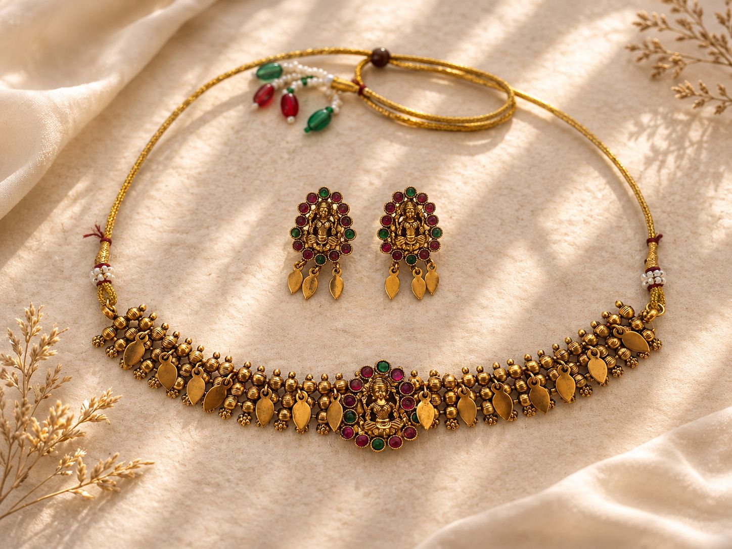 Ethnic Gold Lakshmi Ruby & Green Temple Choker Set