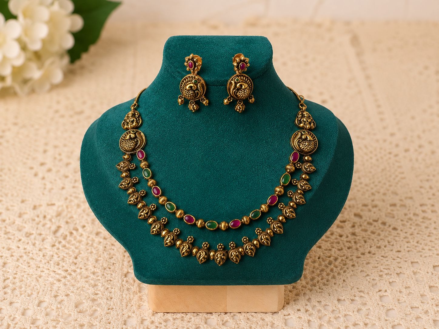 Timeless Gold Peacock Ruby & Green Layered Haram
