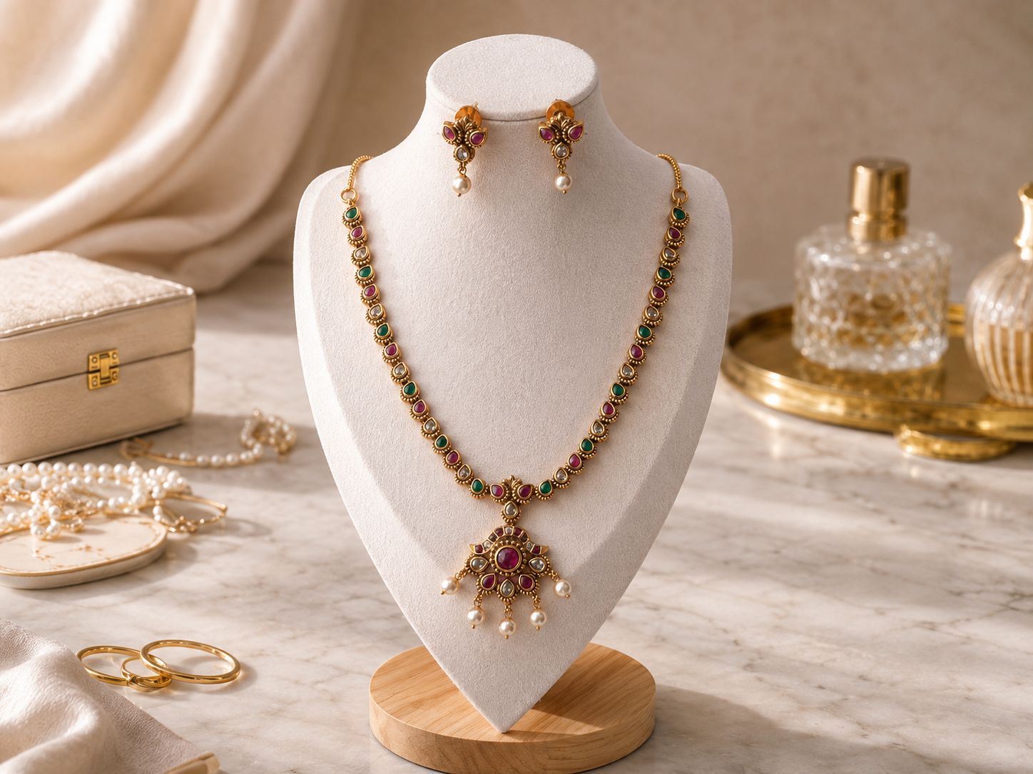 Regal Gold Ruby & Green Stone Pendant Haram
