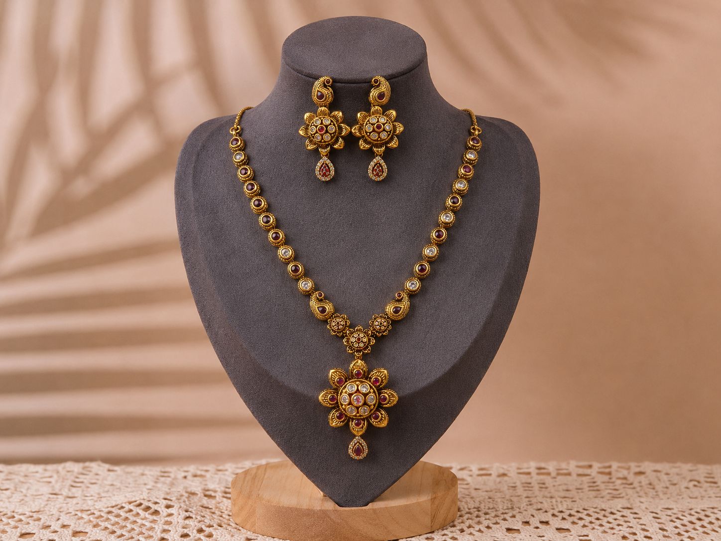 Heritage Gold Ruby & White Stone Floral Haram