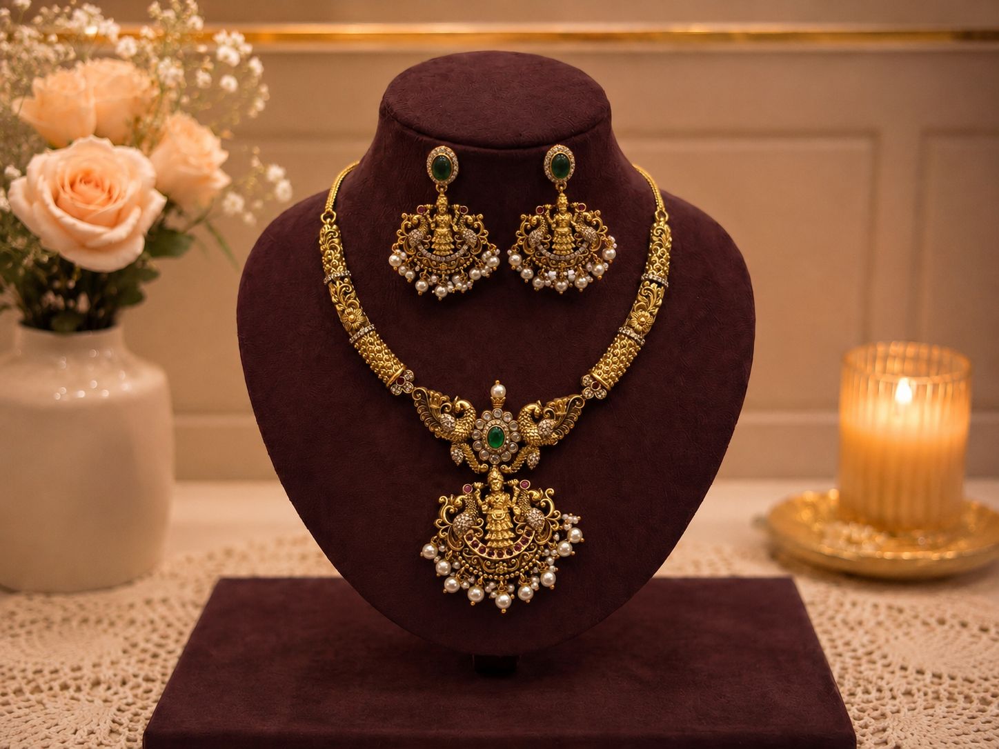 Heritage Gold Lakshmi & Peacock Green Stone Haram