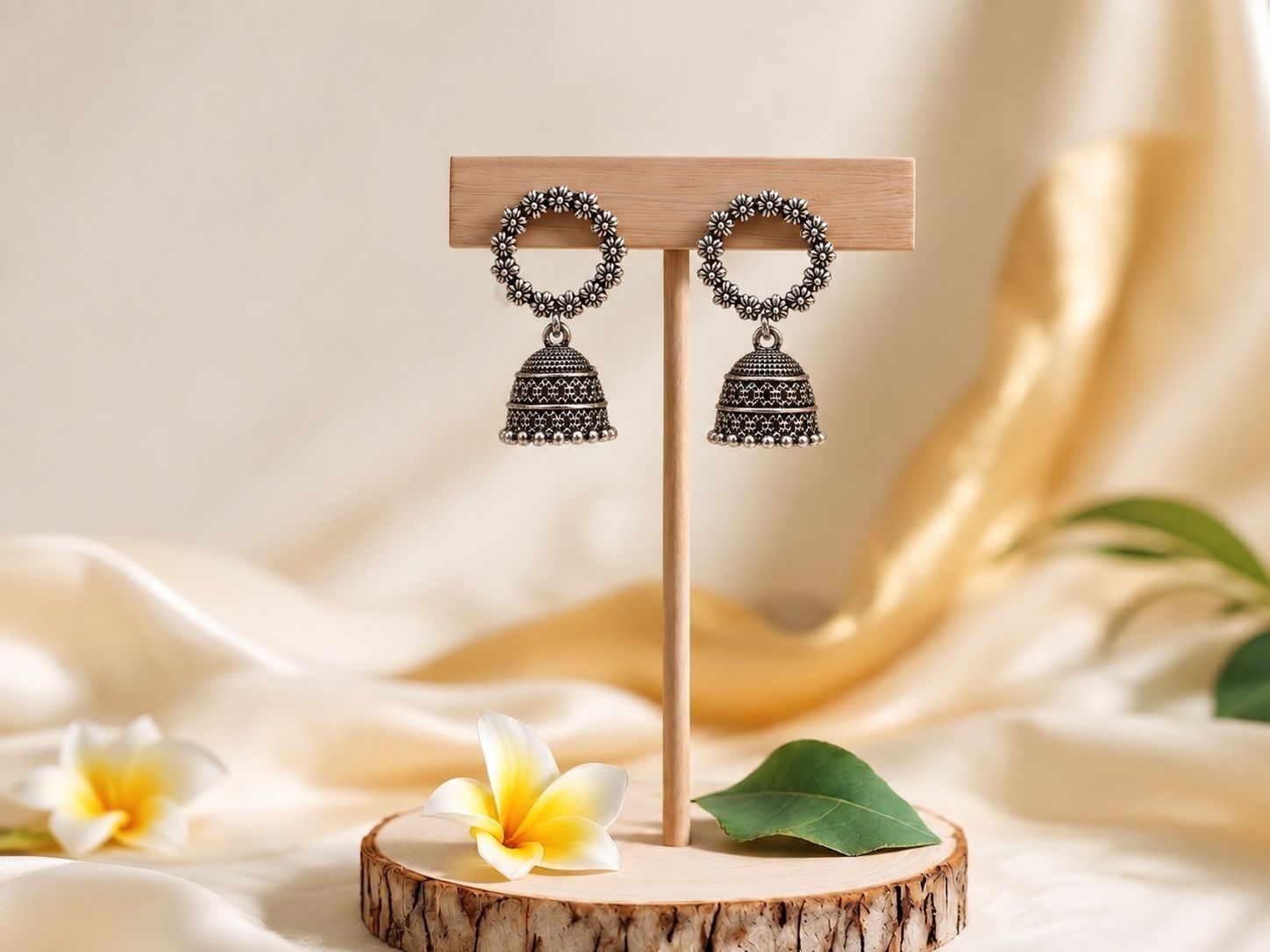 Floral Hoop Oxidised Silver Jhumka