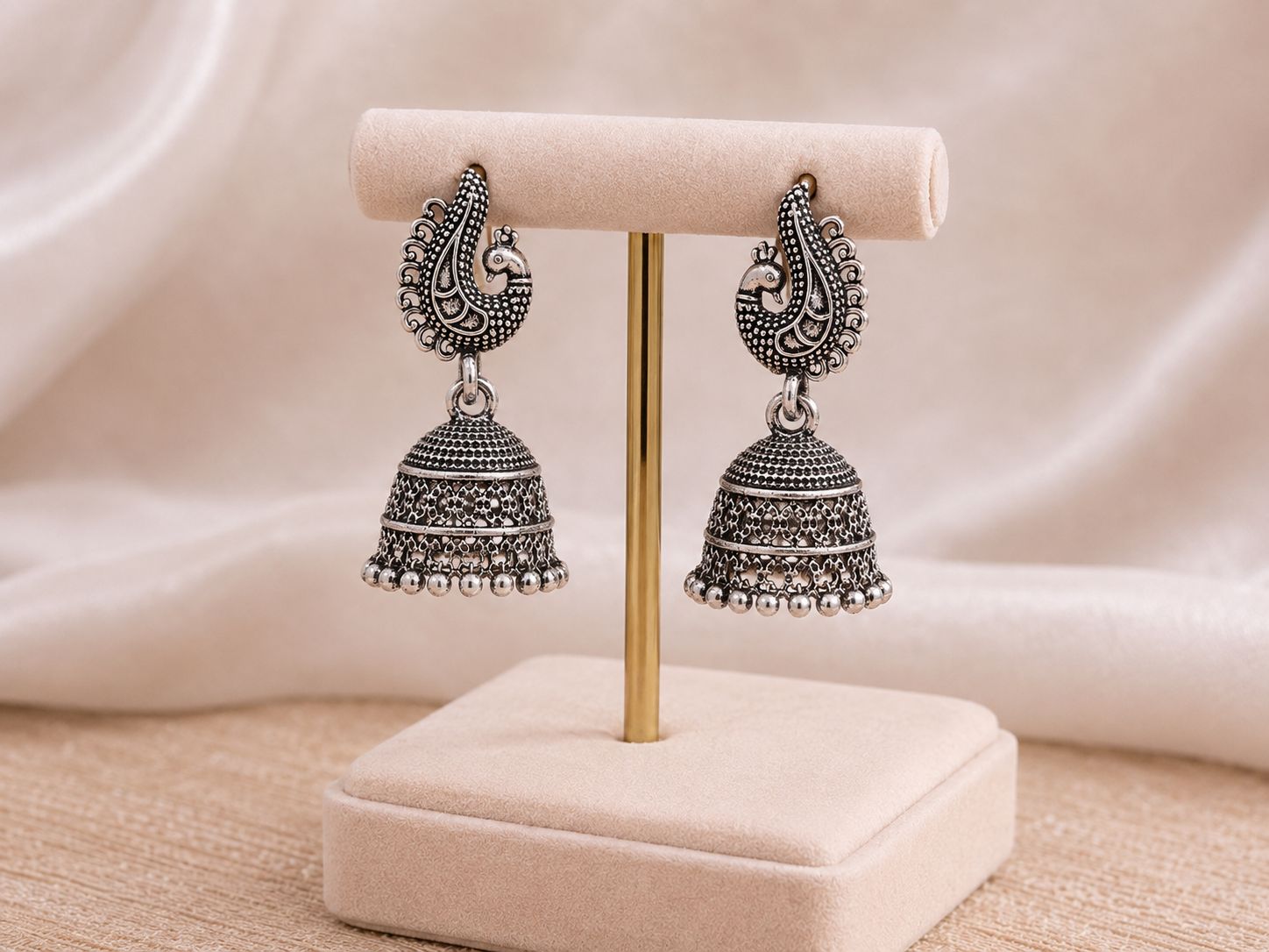 Peacock Motif Oxidised Silver Jhumka
