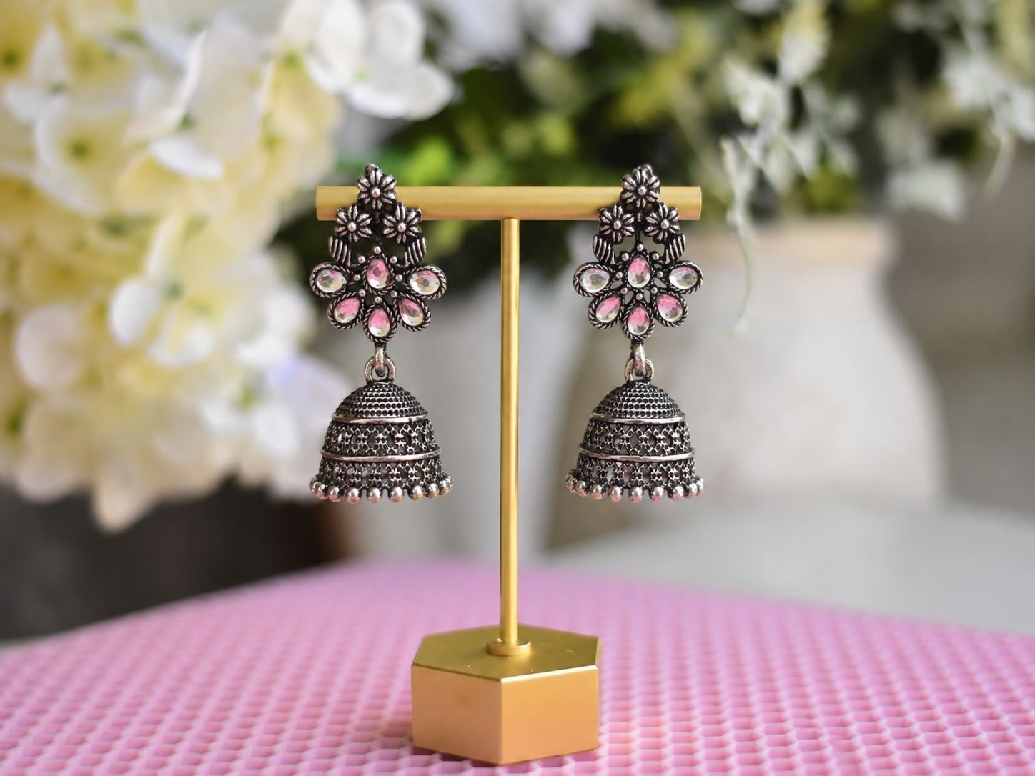 White Floral Stone Oxidised Silver Jhumka