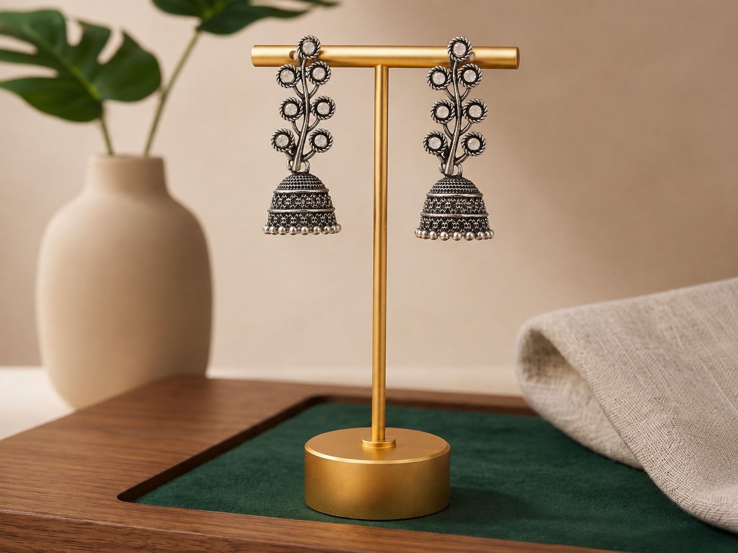 Floral Vine Oxidised Silver Jhumka