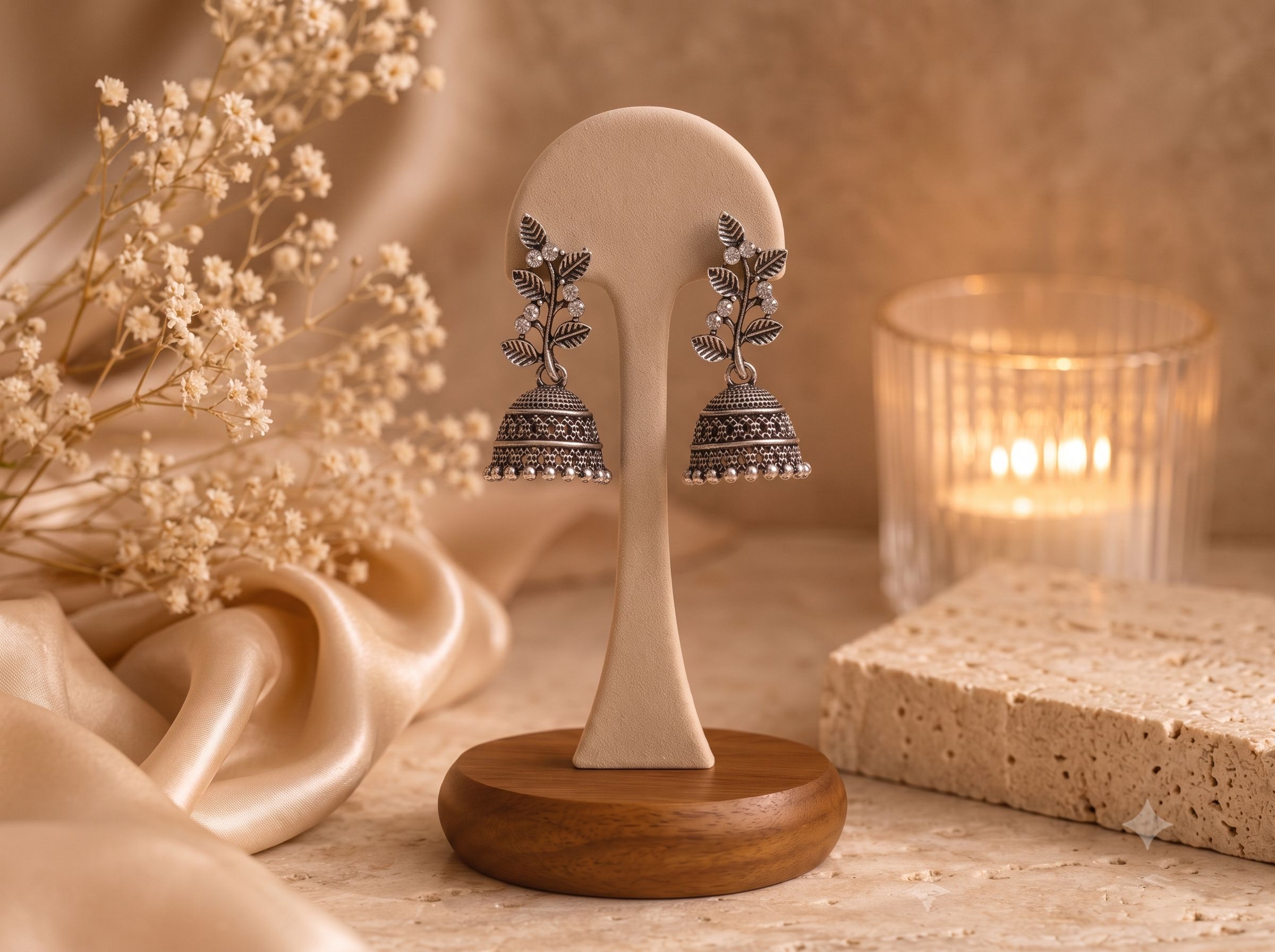 Leaf Vine Oxidised Silver Jhumka