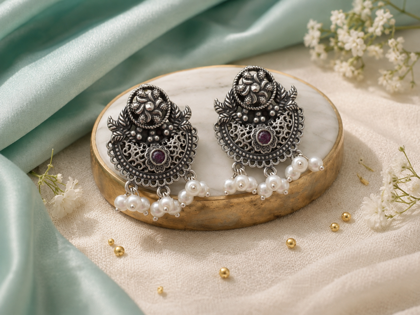 Floral Filigree Pearl Drop Oxidised Silver Earrings