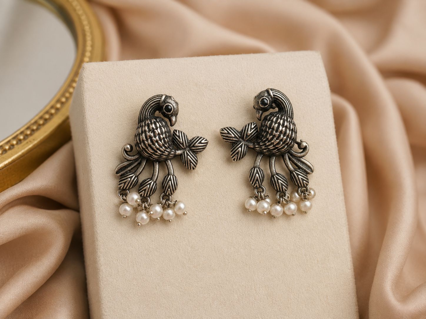 Peacock Pearl Drop Oxidised Silver Earrings