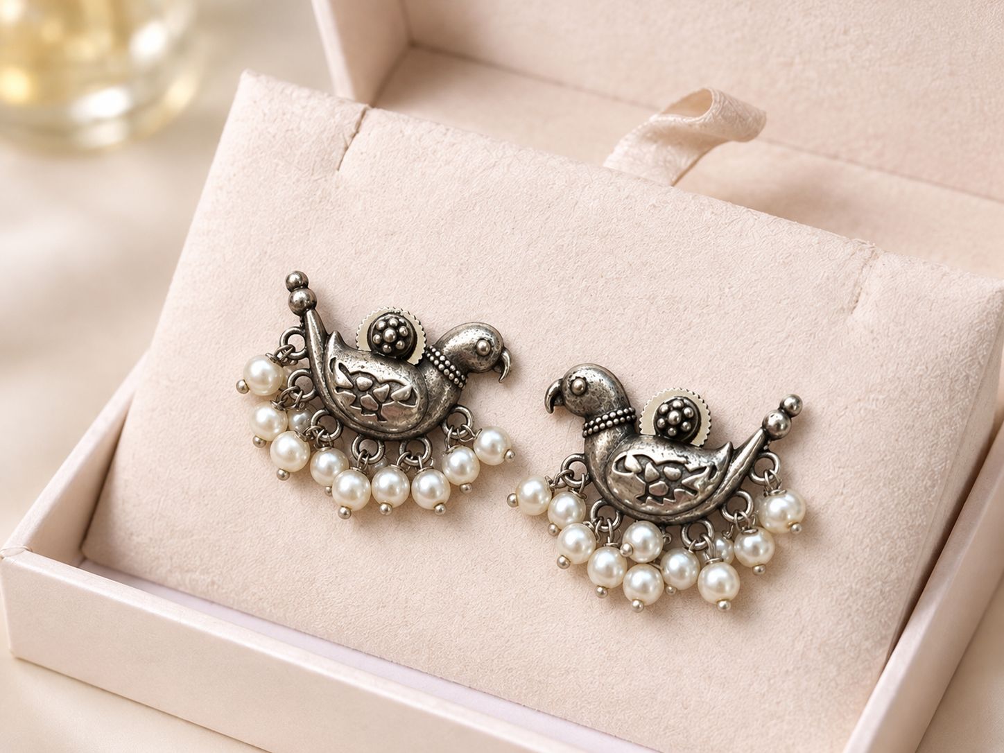 Antique Bird Motif Oxidised Silver Pearl Earrings