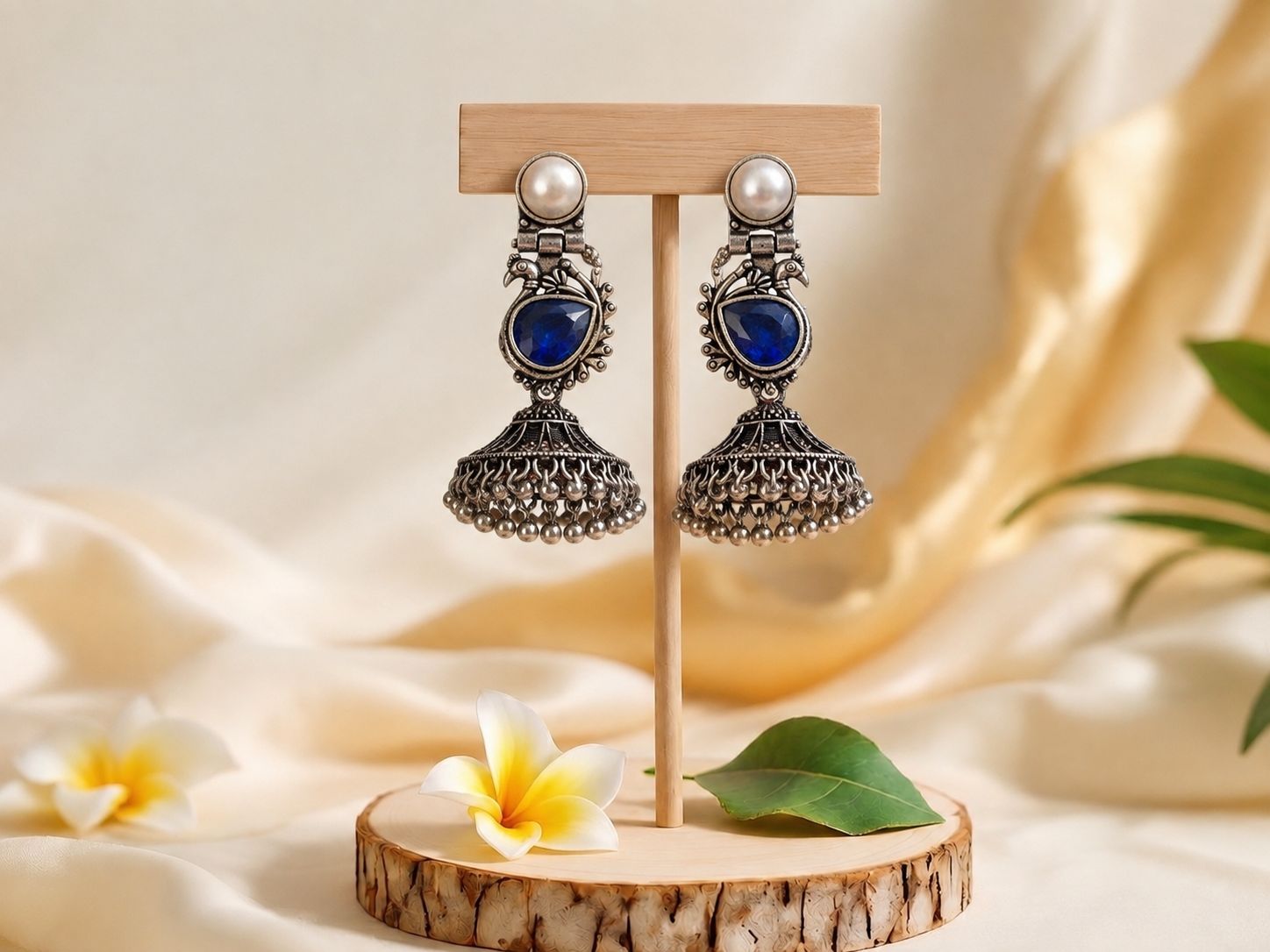 Oxidised Silver Blue Stone Jhumka