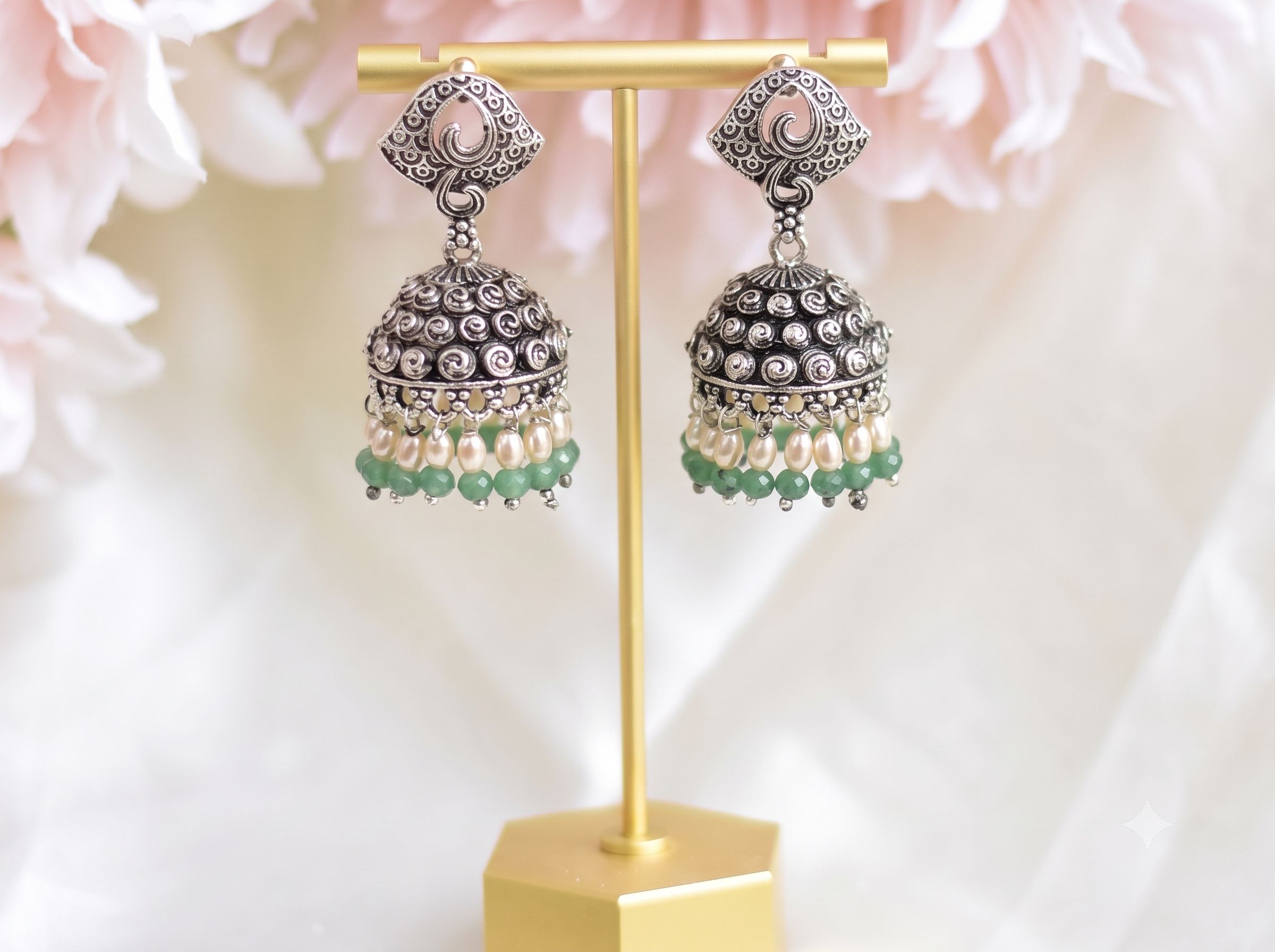 Oxidised Silver Green Beaded Jhumka