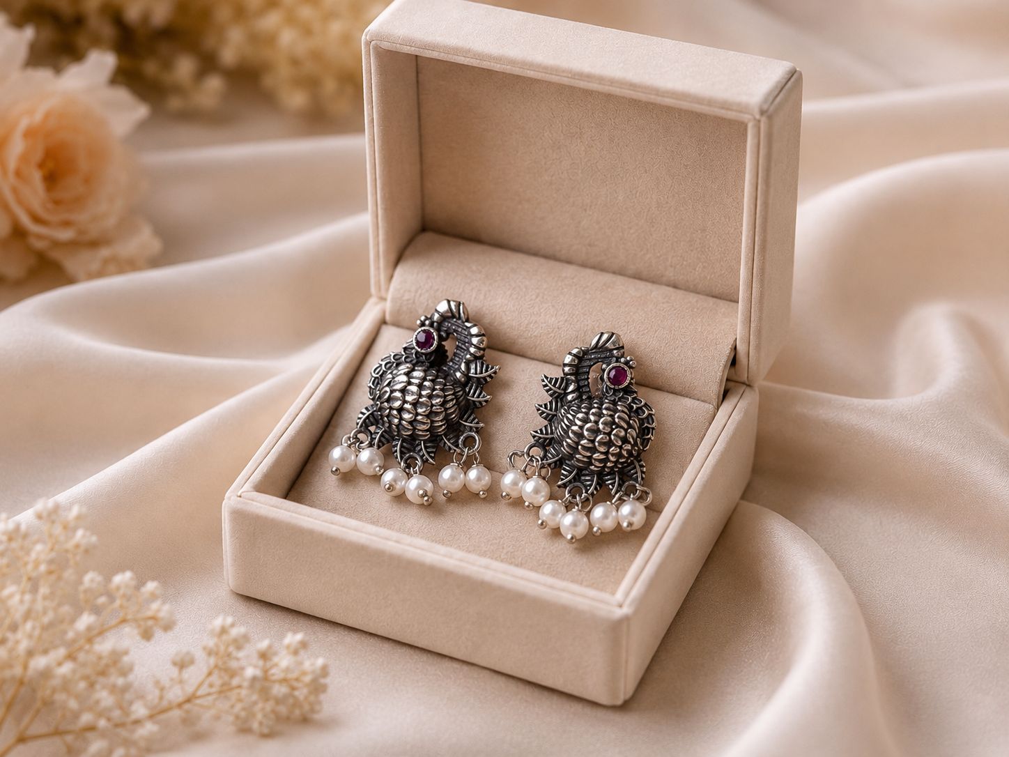 Oxidised Silver Ruby Peacock Earrings with Pearl Drops