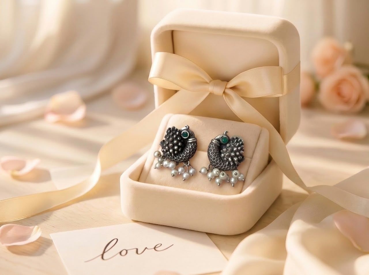 Oxidised Silver Emerald Peacock Earrings with Pearl Drops