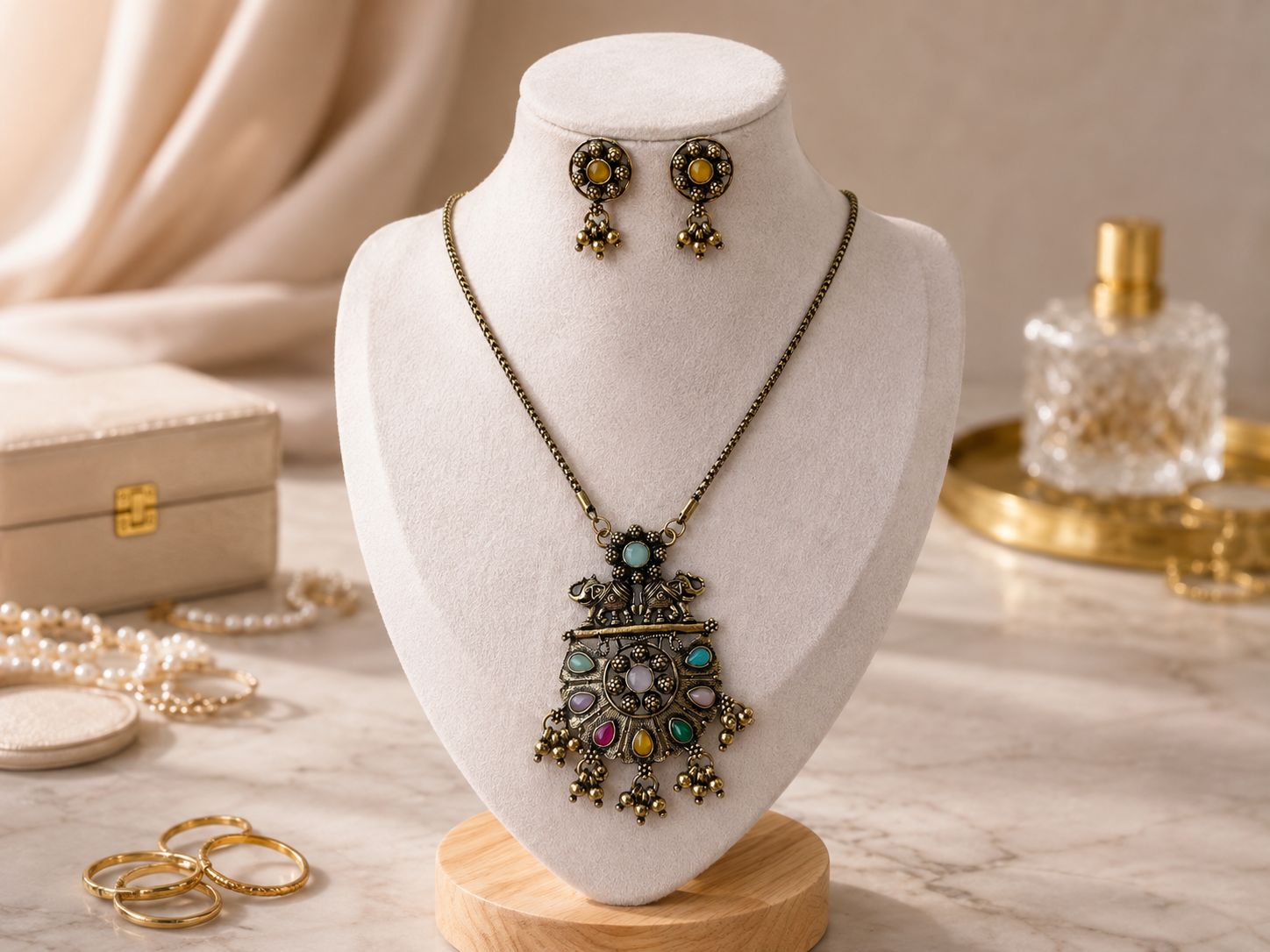 Oxidised Multi-Stone Peacock Pendant Set