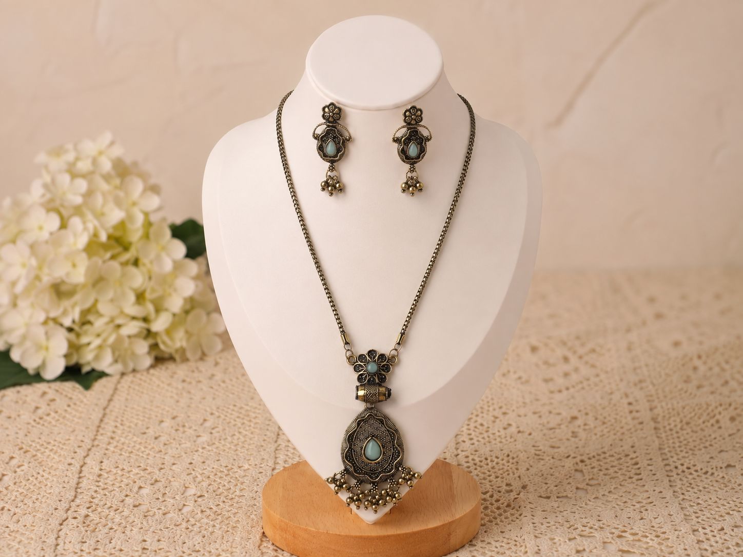 Antique Oxidised Silver Green Stone Pendant Set