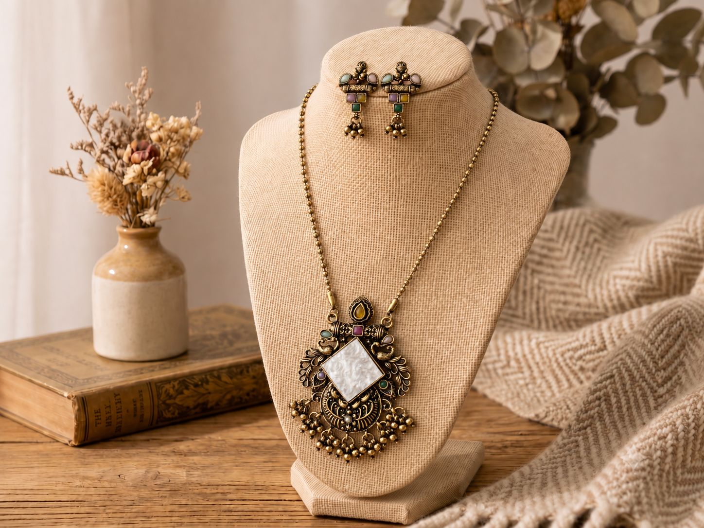 Oxidised Heritage Multicolour Stone Statement Pendant Set