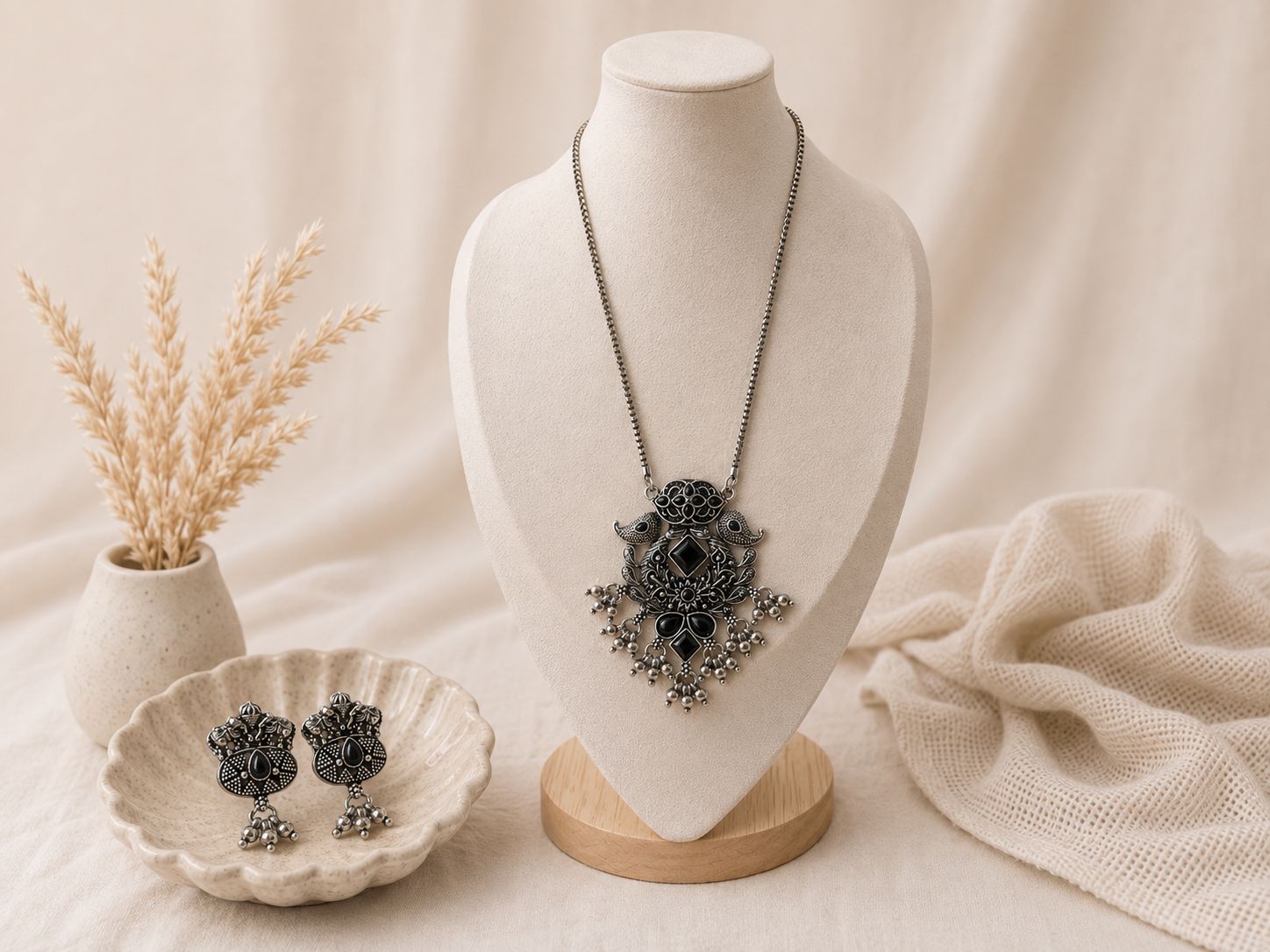Oxidised Silver Peacock Motif Pendant Set