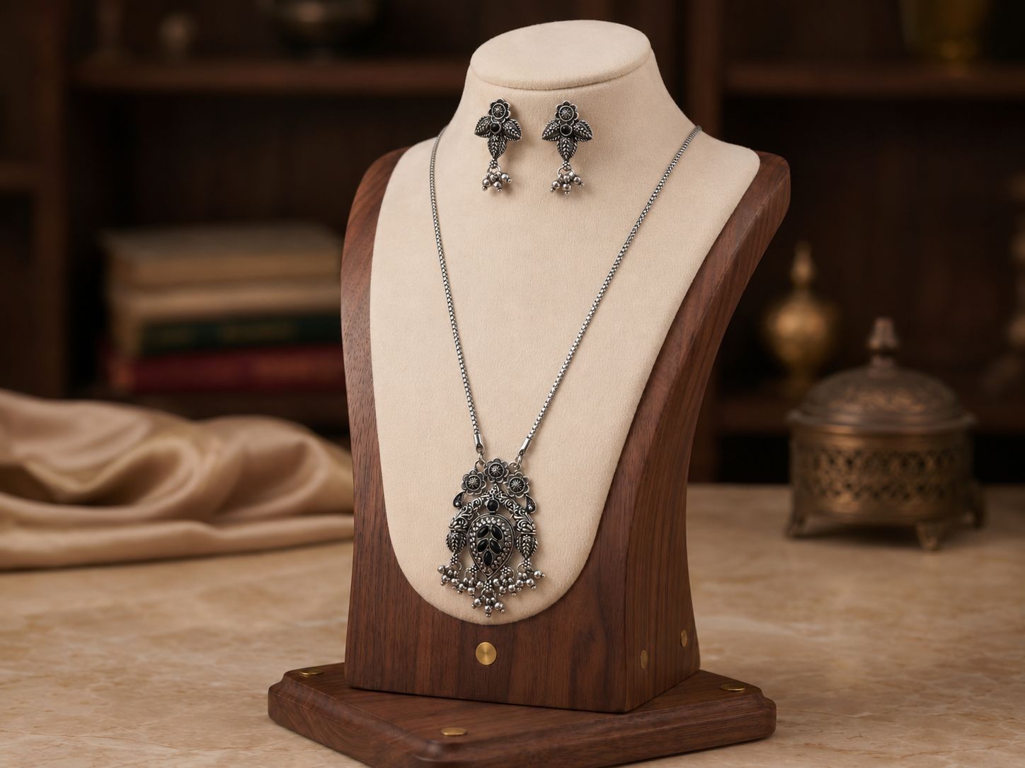 Oxidised Silver Floral Pendant Necklace Set
