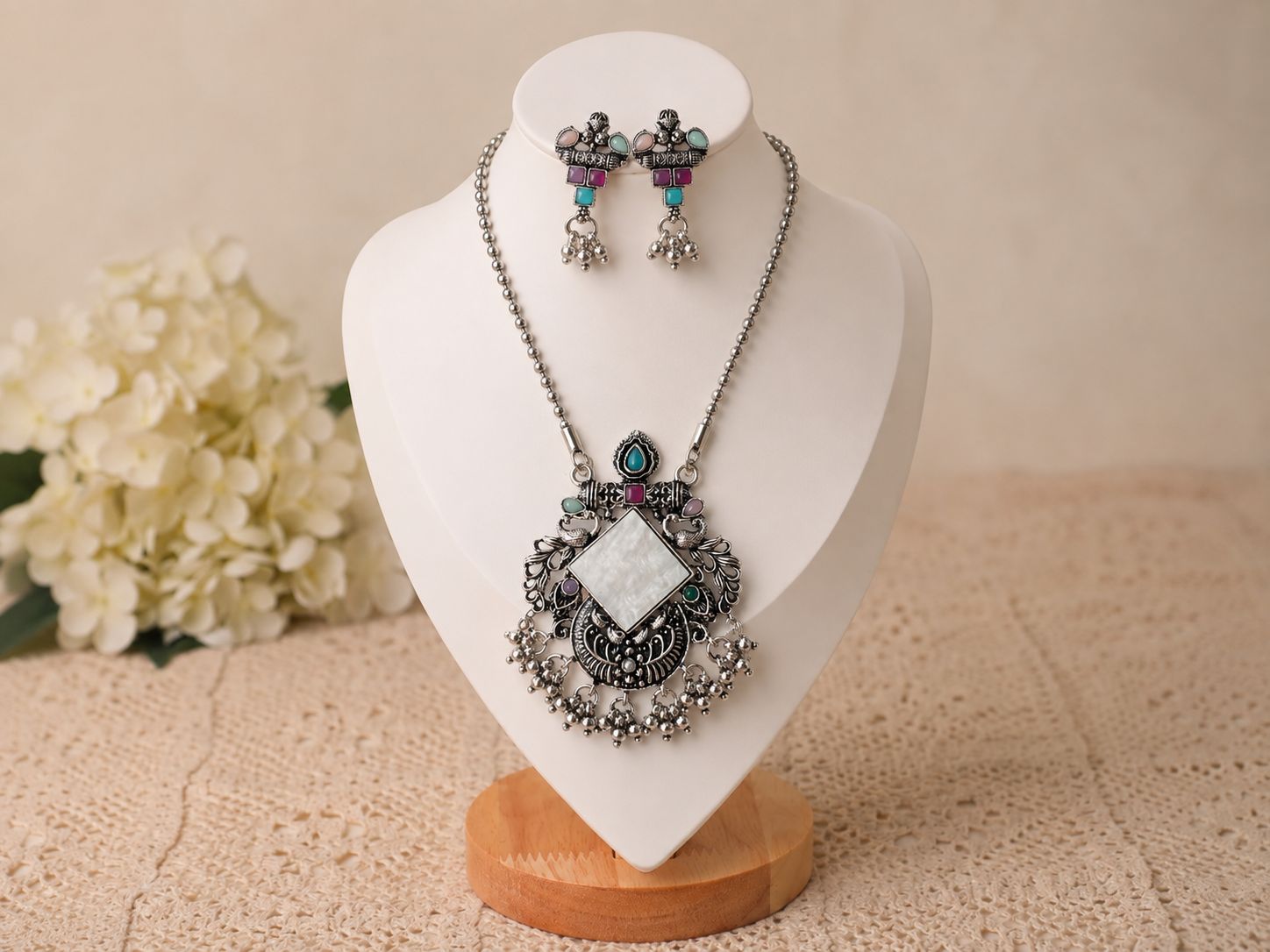 Oxidised Silver Multicolor Statement Pendant Set