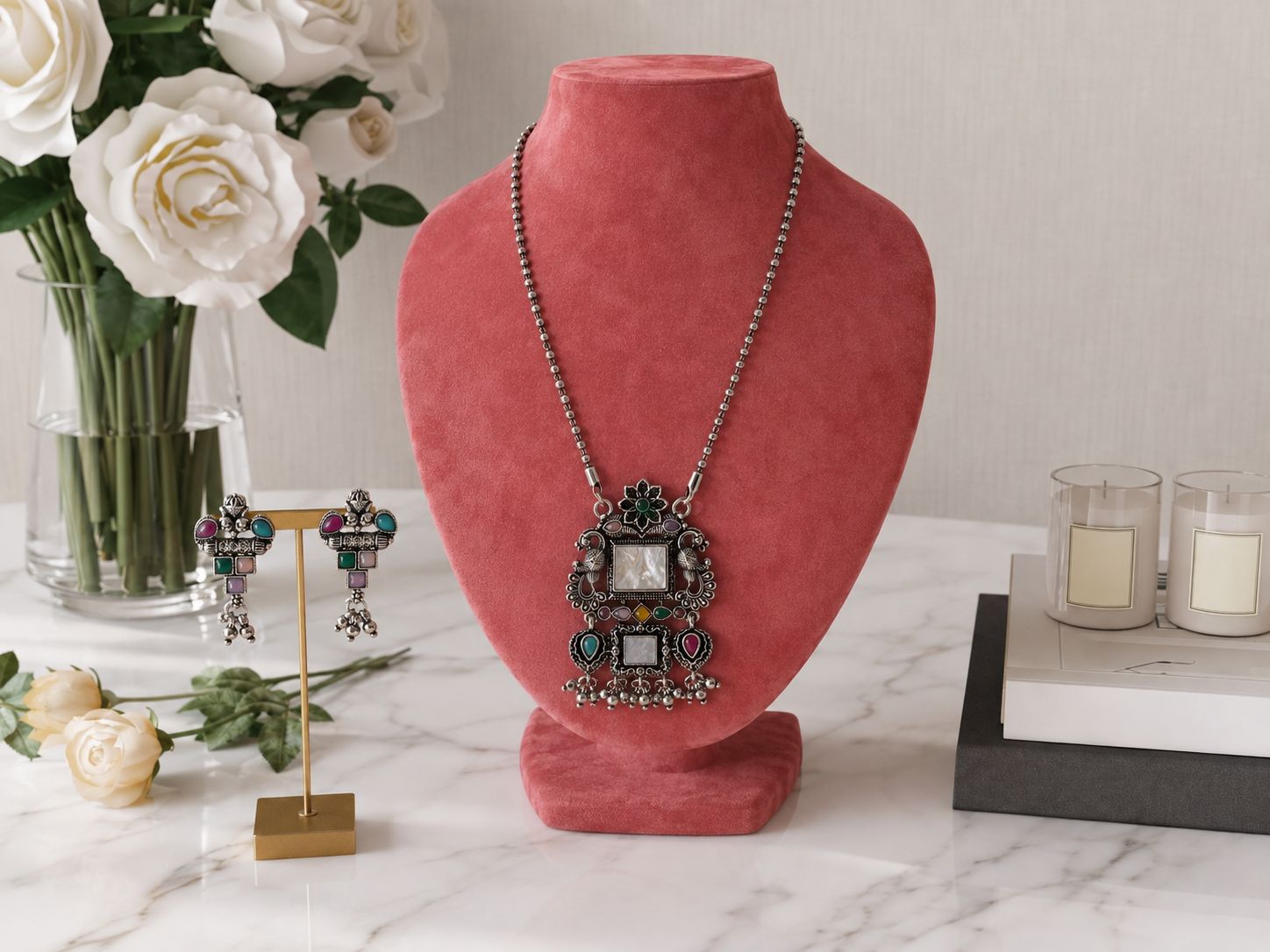 Oxidised Silver Multicolor Statement Necklace Set