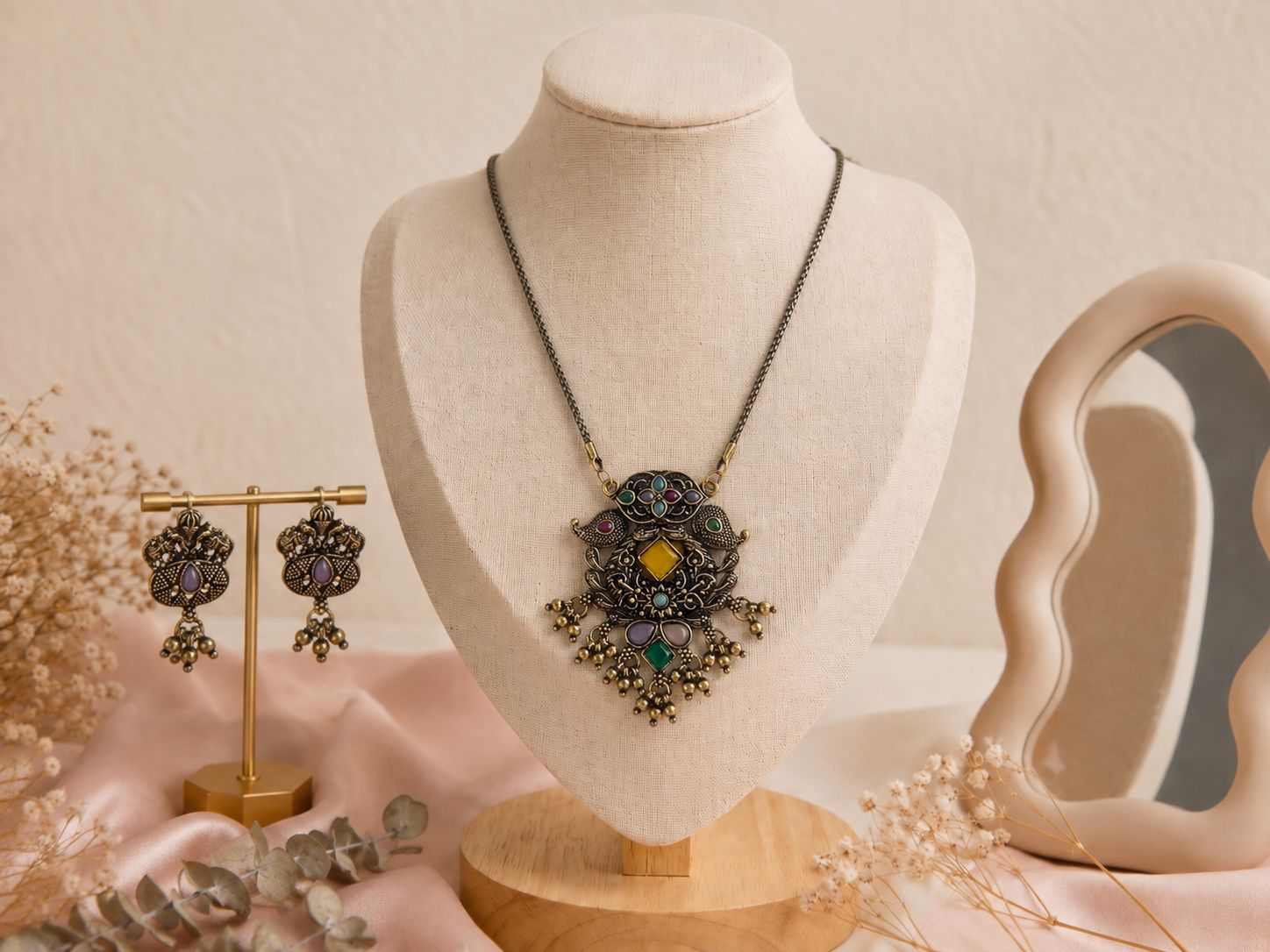 Oxidised Silver Multicolor Ethnic Pendant Set