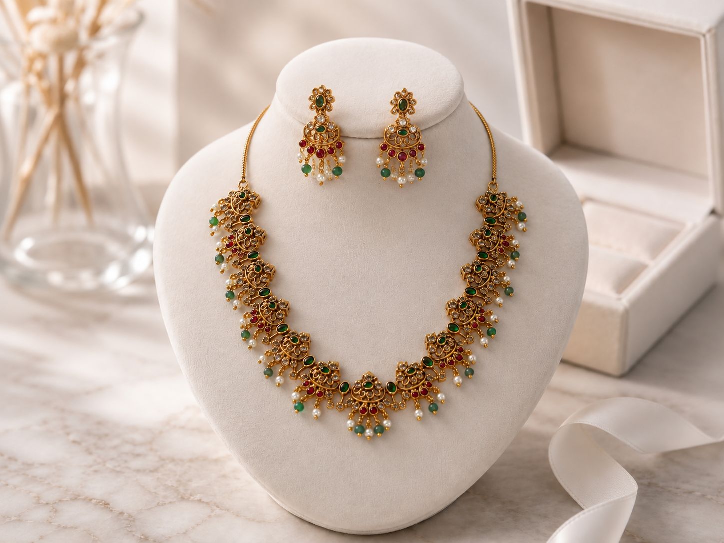 Heritage Gold-Tone Ruby & Emerald Necklace Set