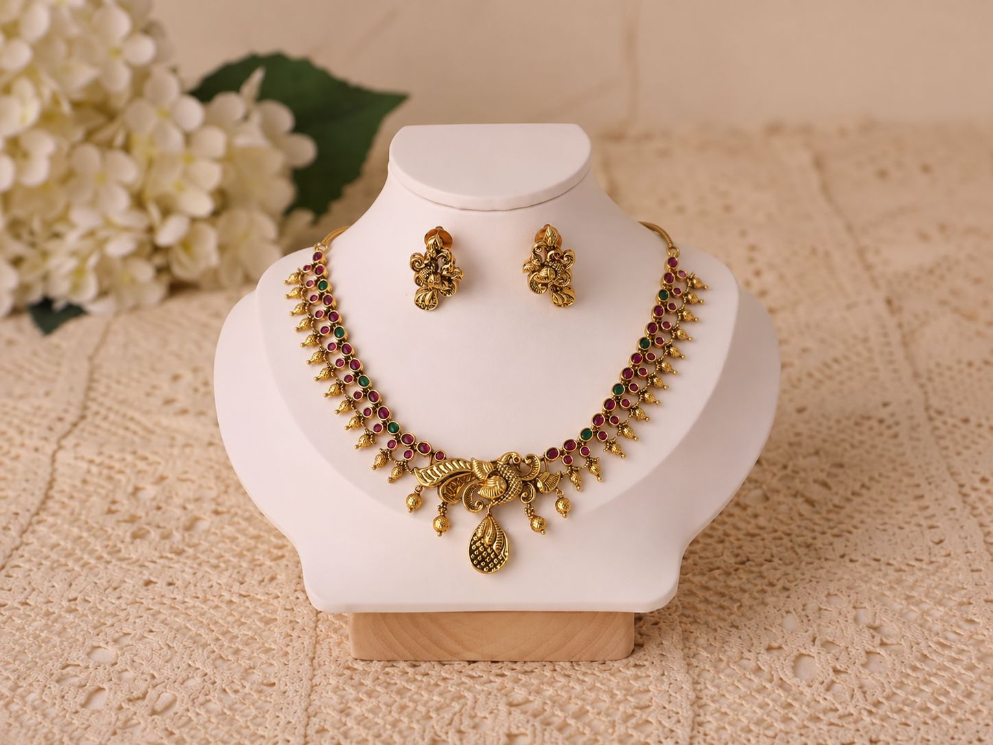 Majestic Gold-Tone Ruby & Green Necklace Set.
