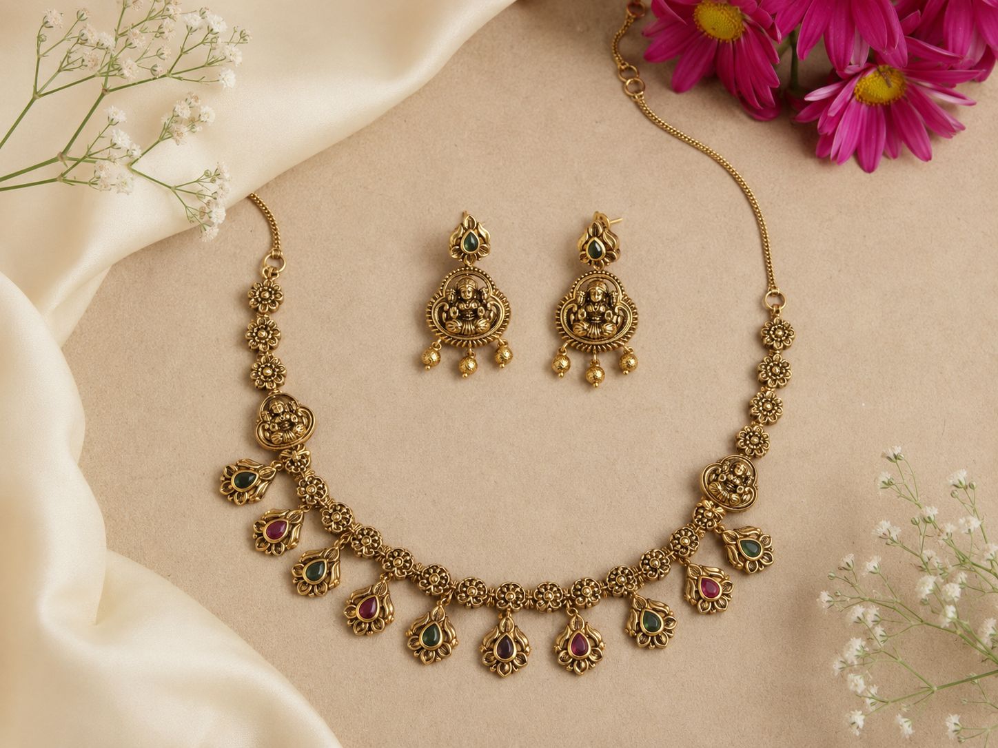 Majestic Gold-Tone Lakshmi Ruby & Green Necklace Set