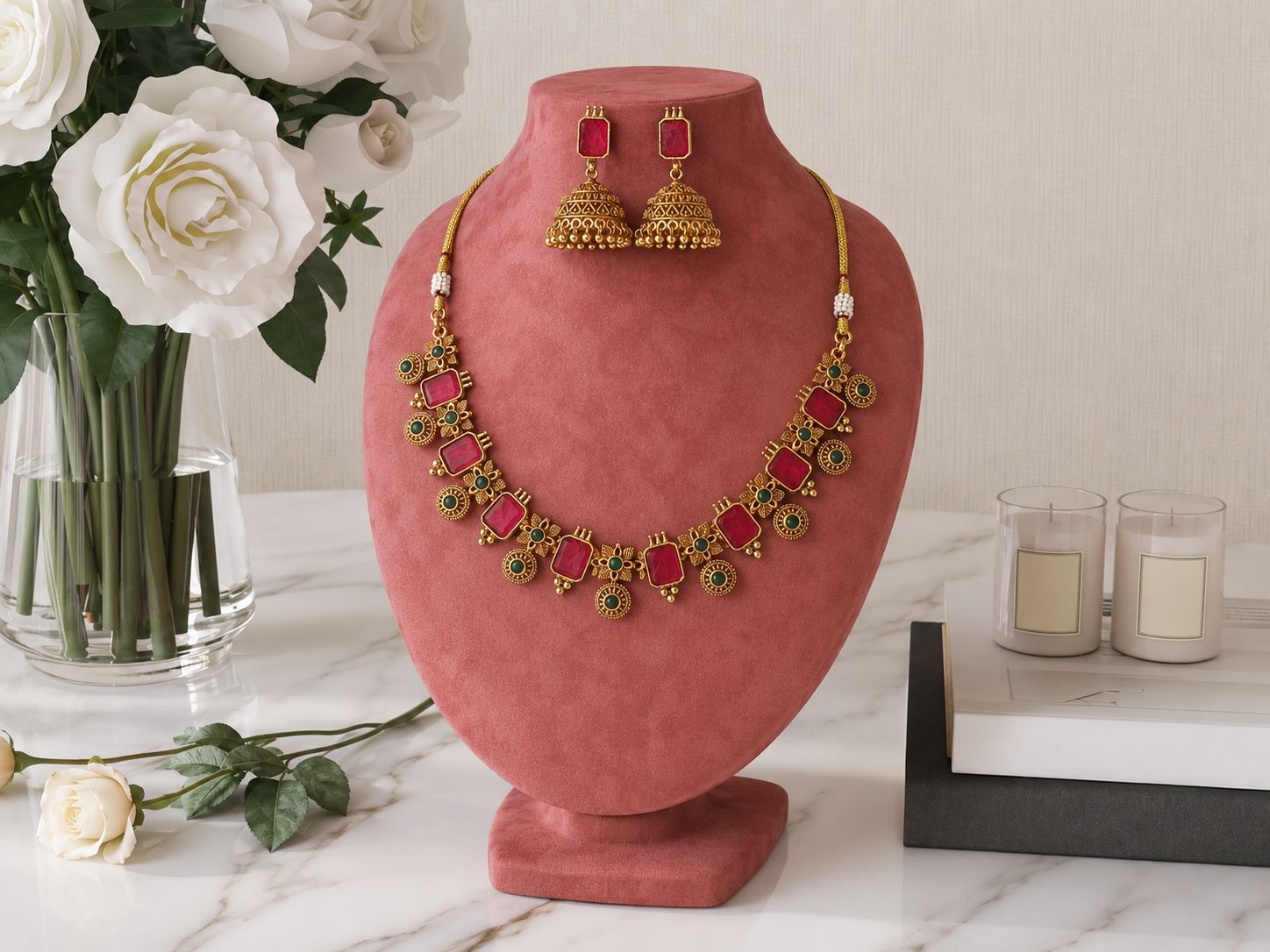 Royal Gold-Tone Ruby & Green Necklace Set