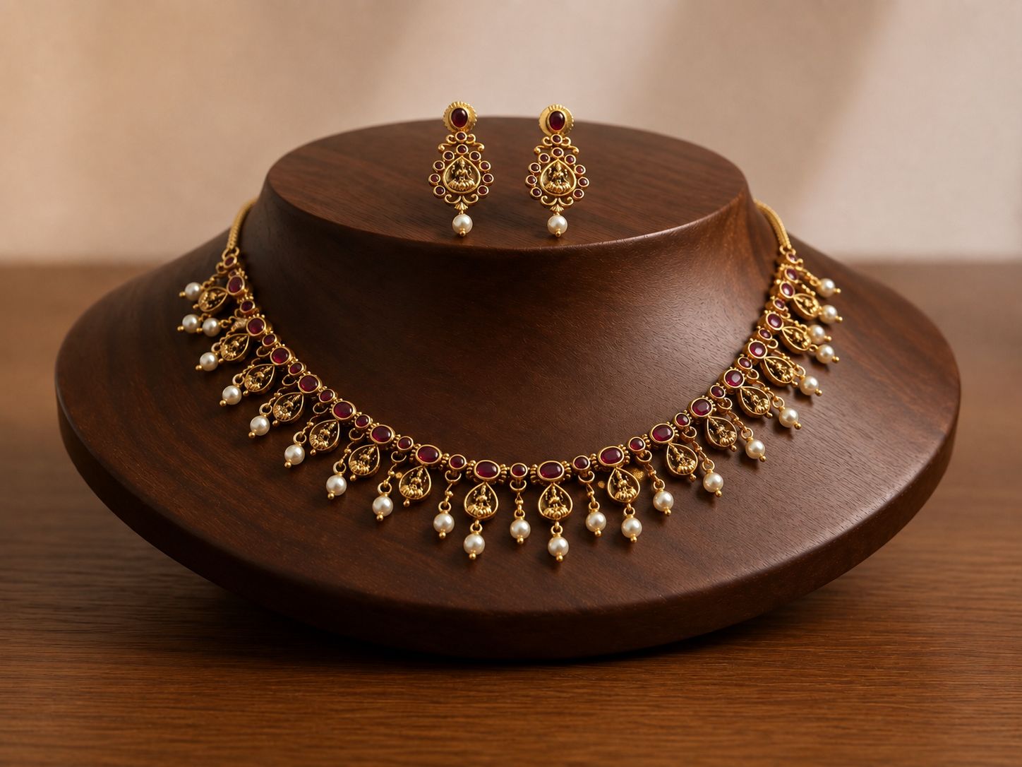 Elegant Gold-Tone Ruby & Pearl Necklace Set
