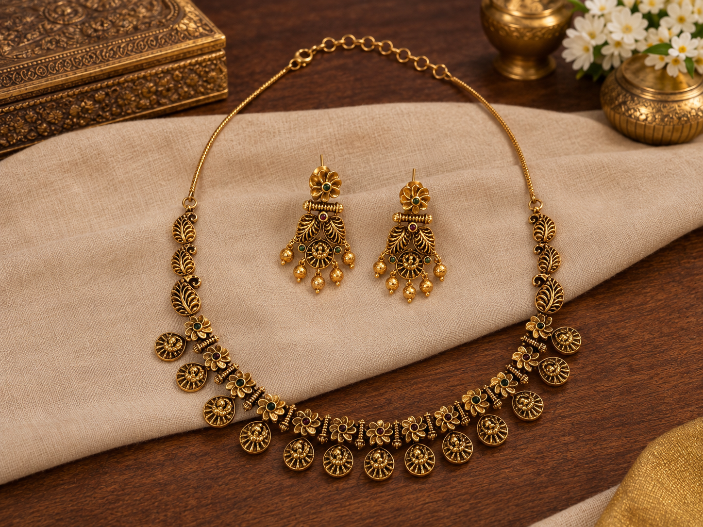 Elegant Gold-Tone Floral & Leaf Necklace Set
