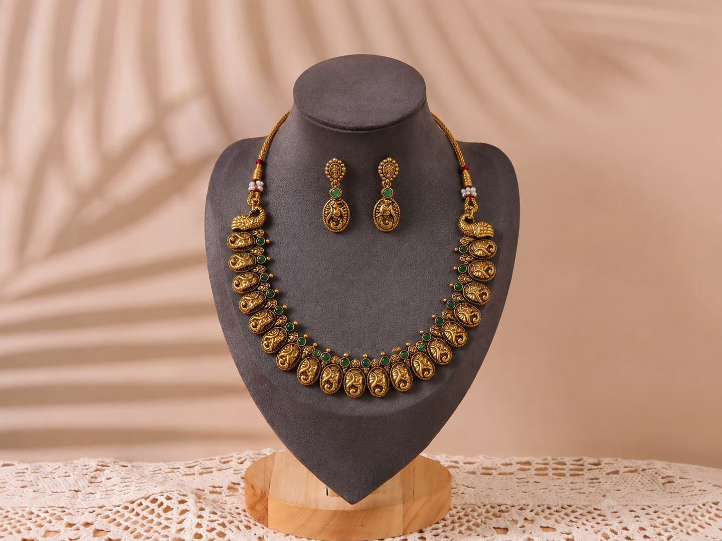 Regal Gold-Tone Green Paisley Necklace Set