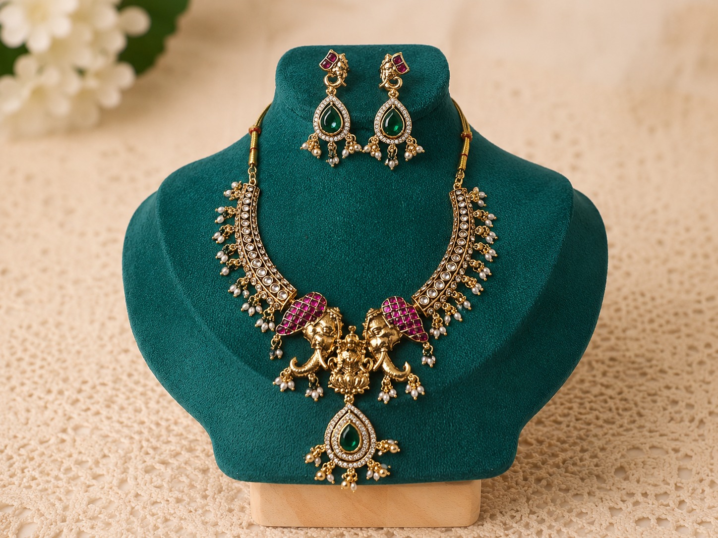 Regal Green & Ruby Elephant Necklace Set