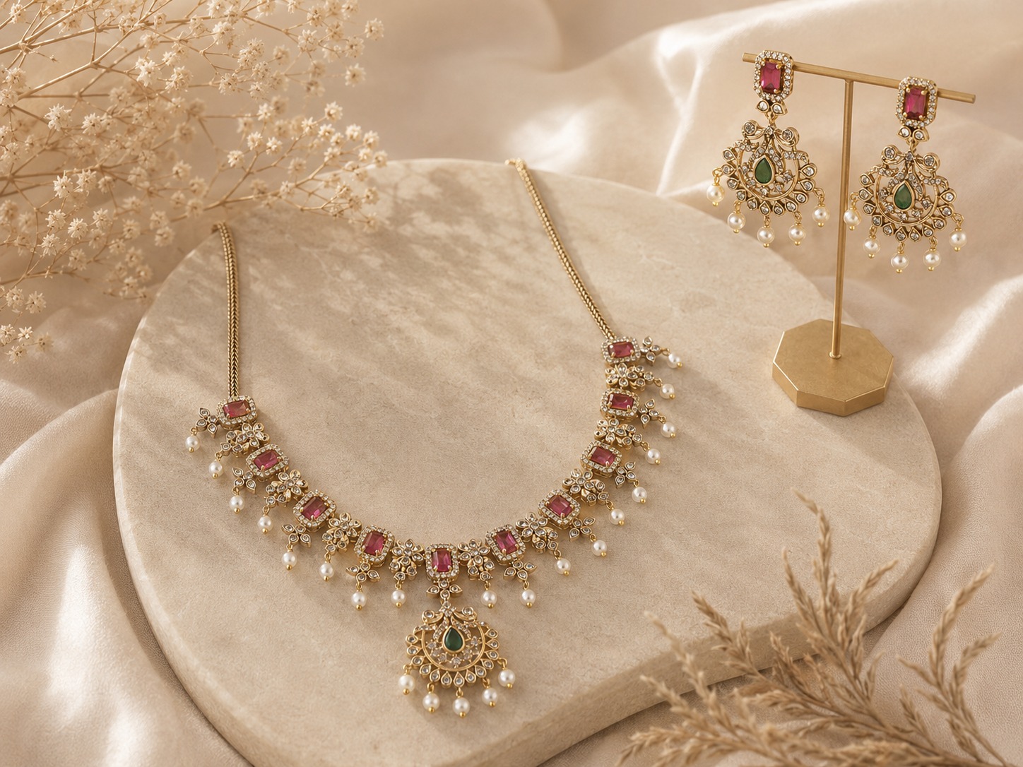 Emerald Ruby Pearl Elegance Set