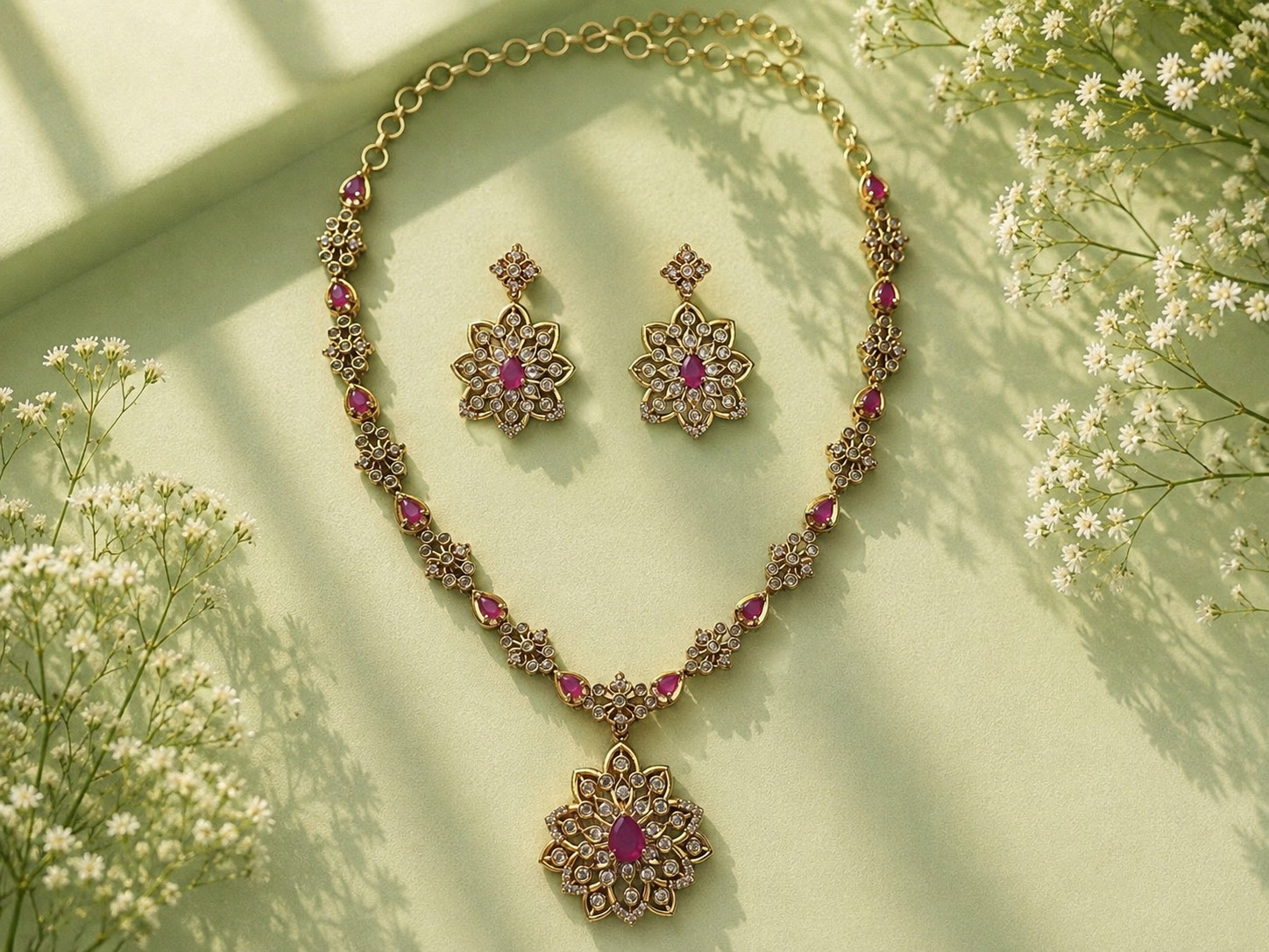 Ruby Floral Elegance Necklace Set