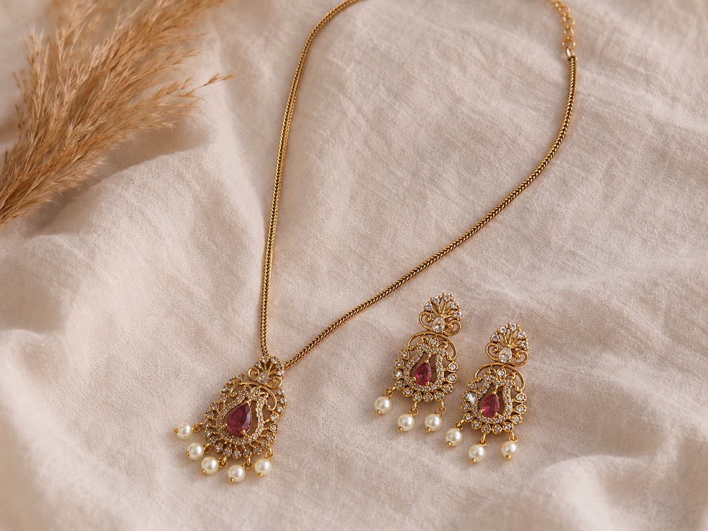 Ruby Pearl Pendant Necklace Set