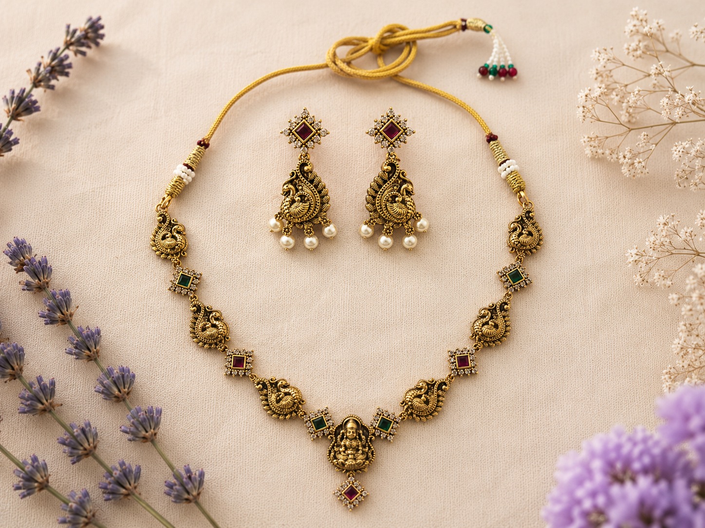 Peacock Lakshmi Ruby Green Necklace Set
