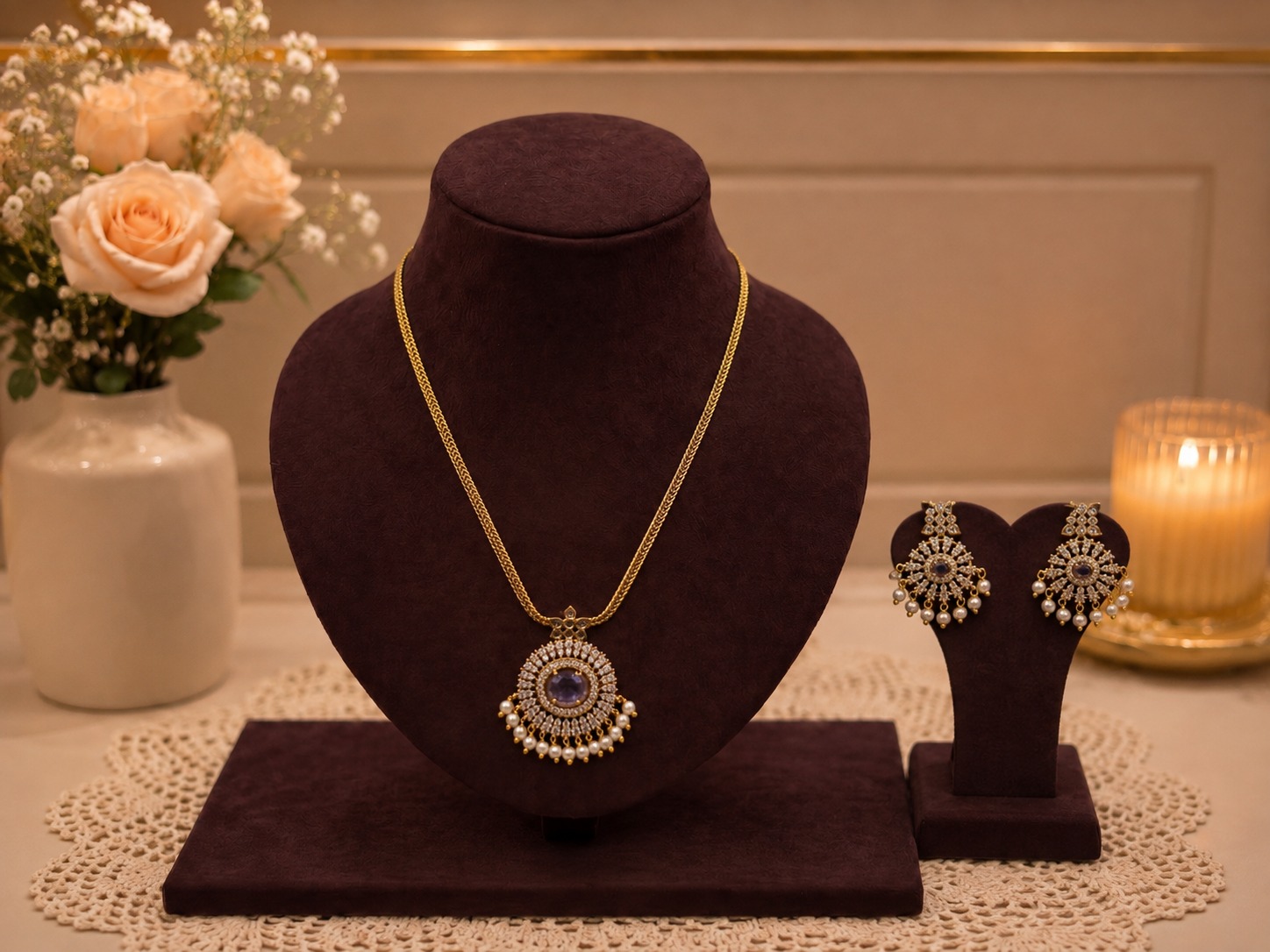 Purple Stone Pearl Pendant Set