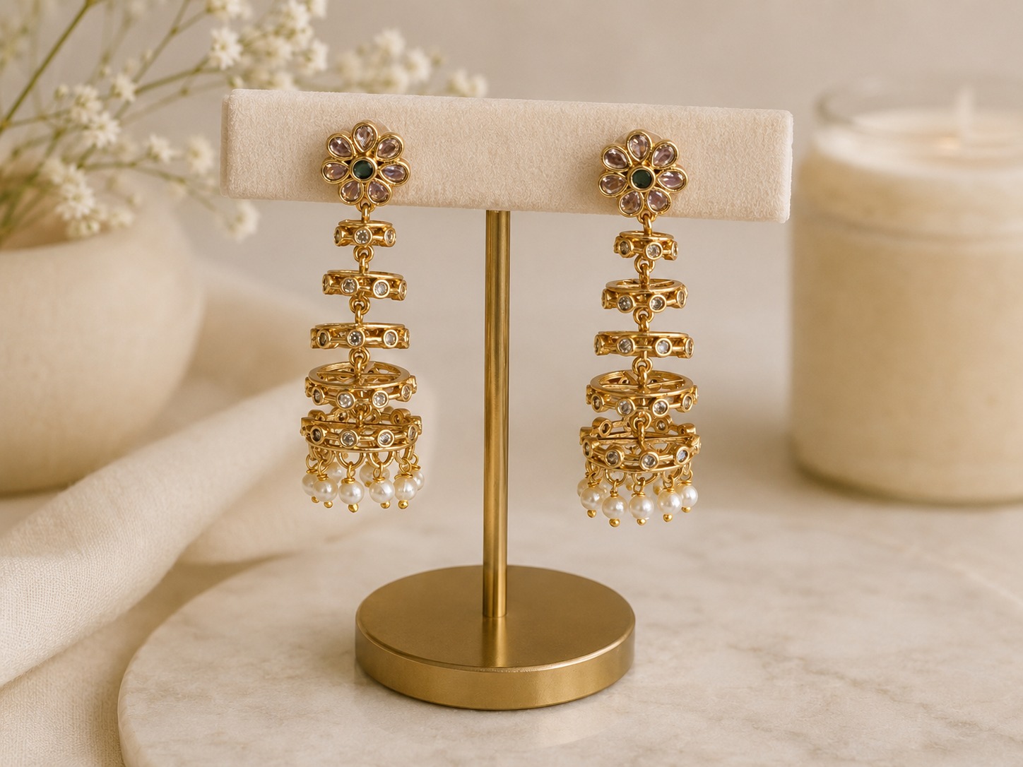 Floral Pearl Jhumka Earrings