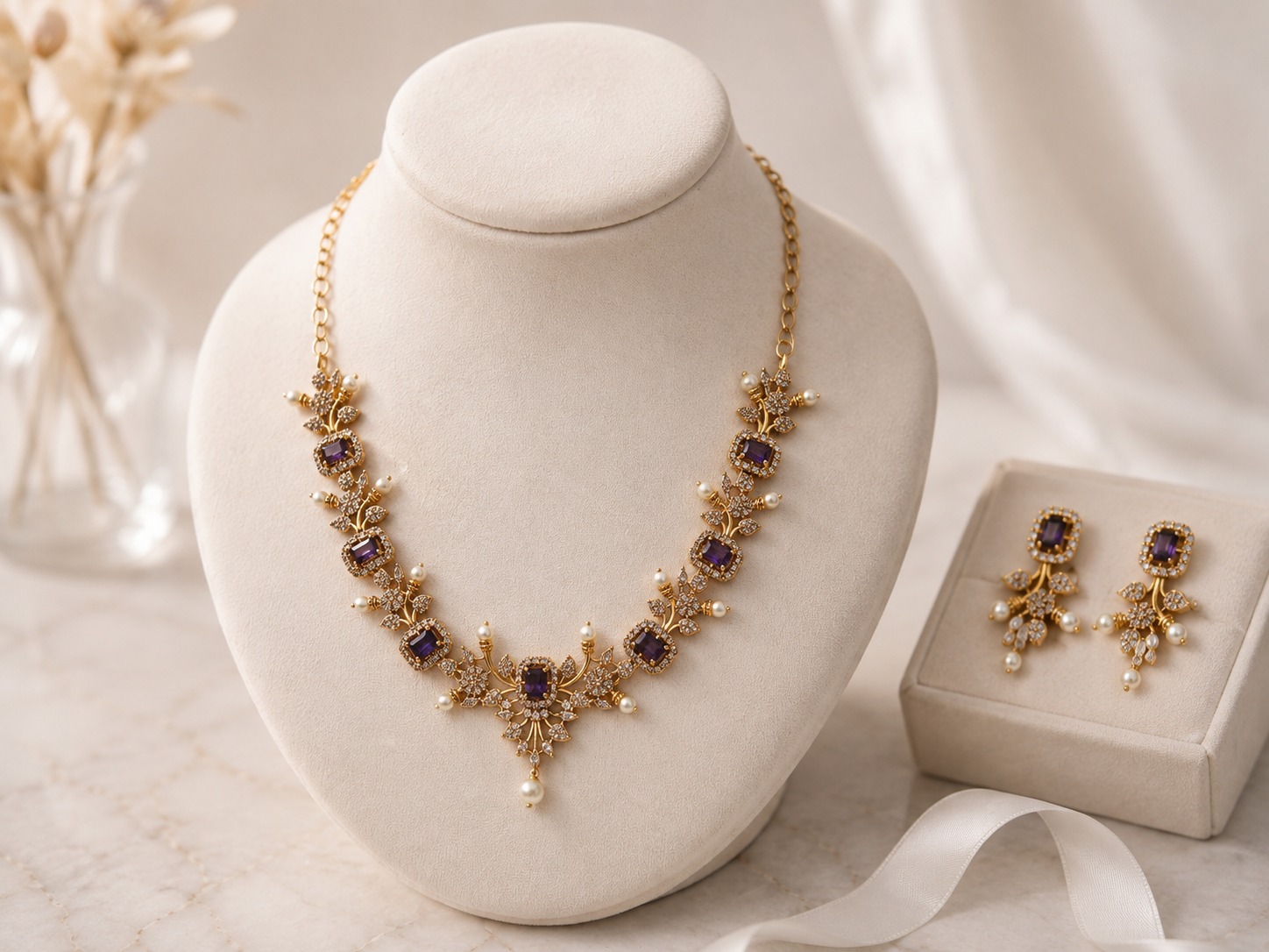 Purple Stone Pearl Necklace Set