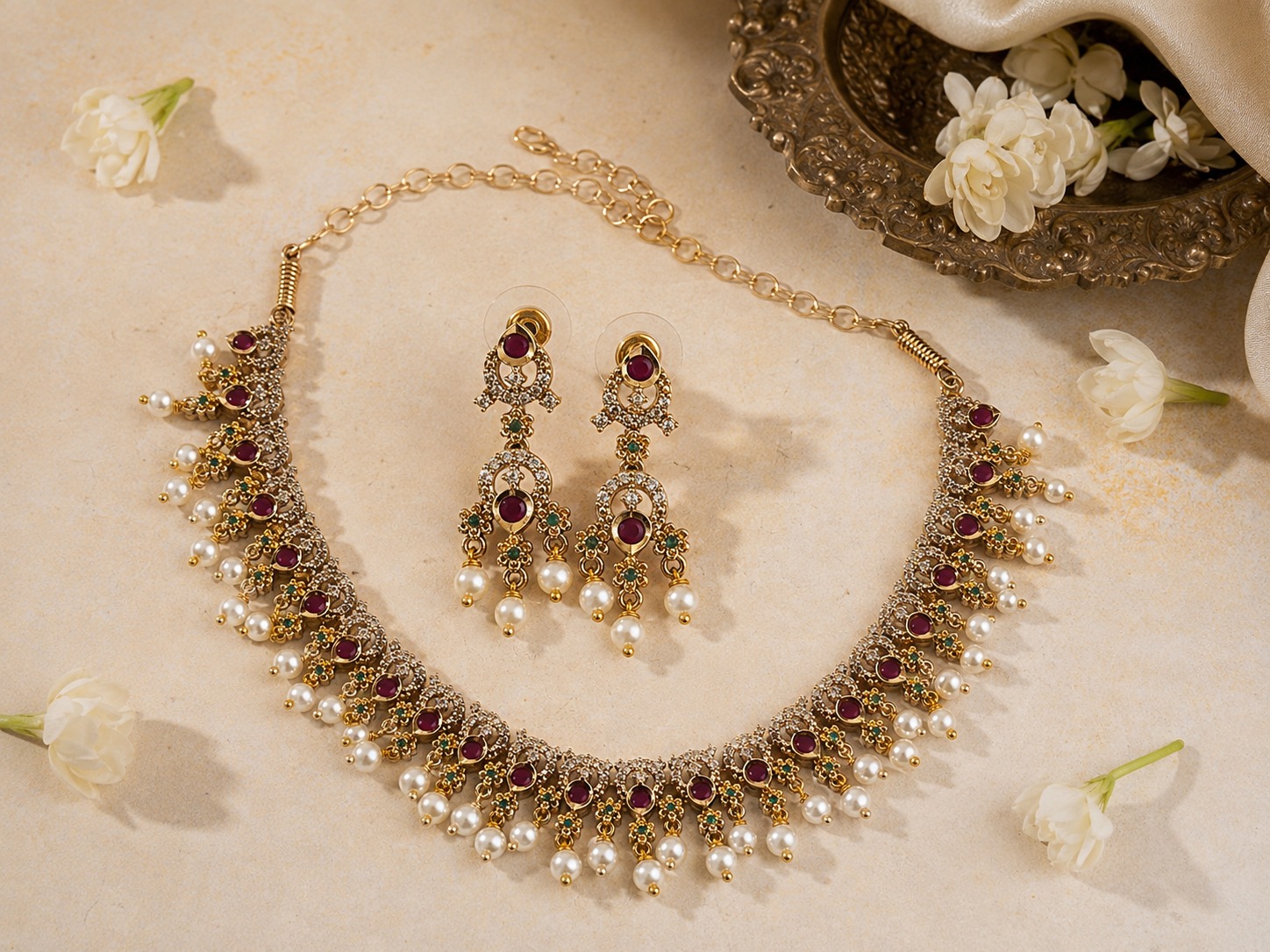 Ruby Pearl Bridal Necklace Set